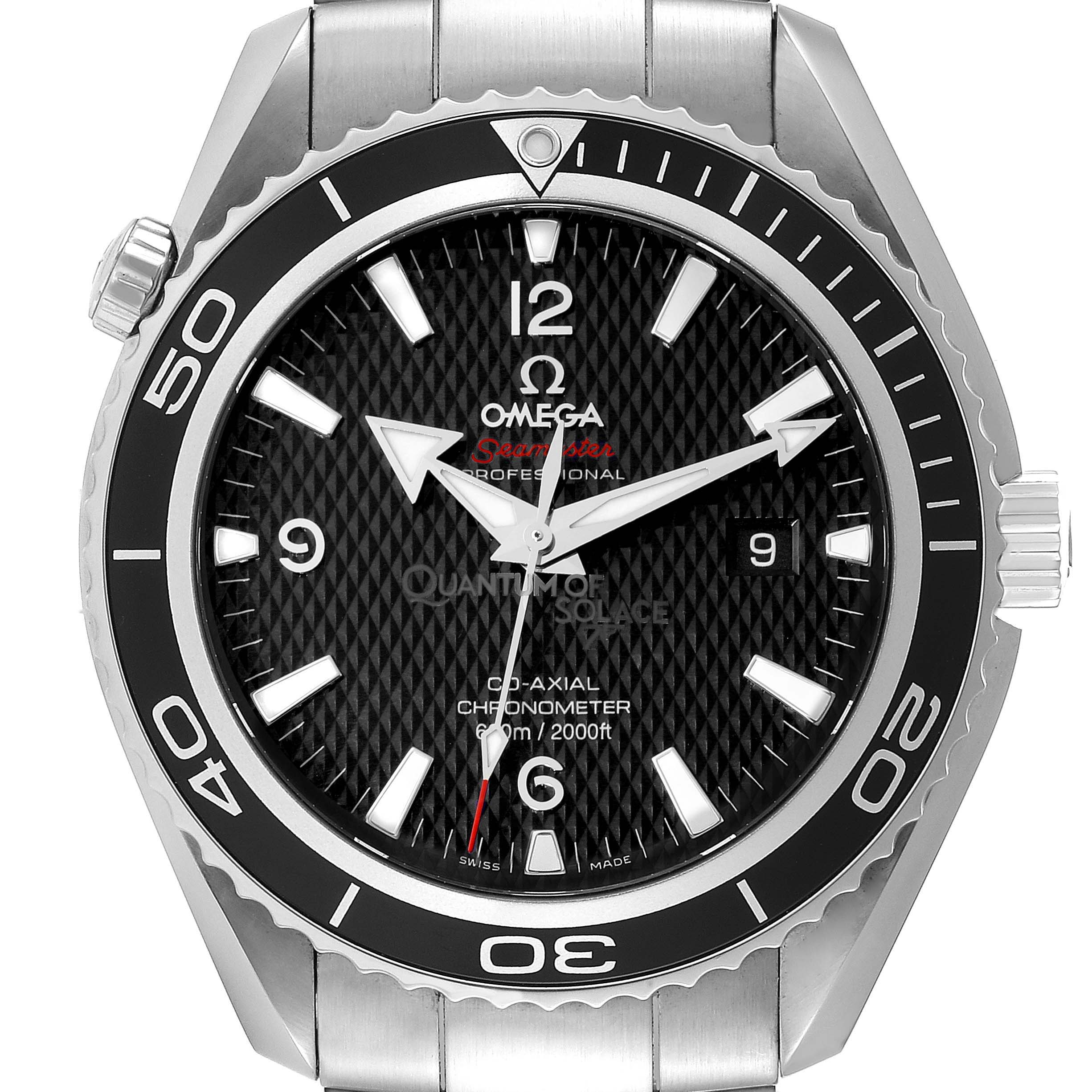 The image shows a front view of the Omega Planet Ocean 222.30.46.20.01.001 Men's Stainless Steel Black Dial 222.30.46.20.01.001 Men's Stainless Steel Black Dial Seamaster watch, displaying the dial, bezel, and part of the metal bracelet.