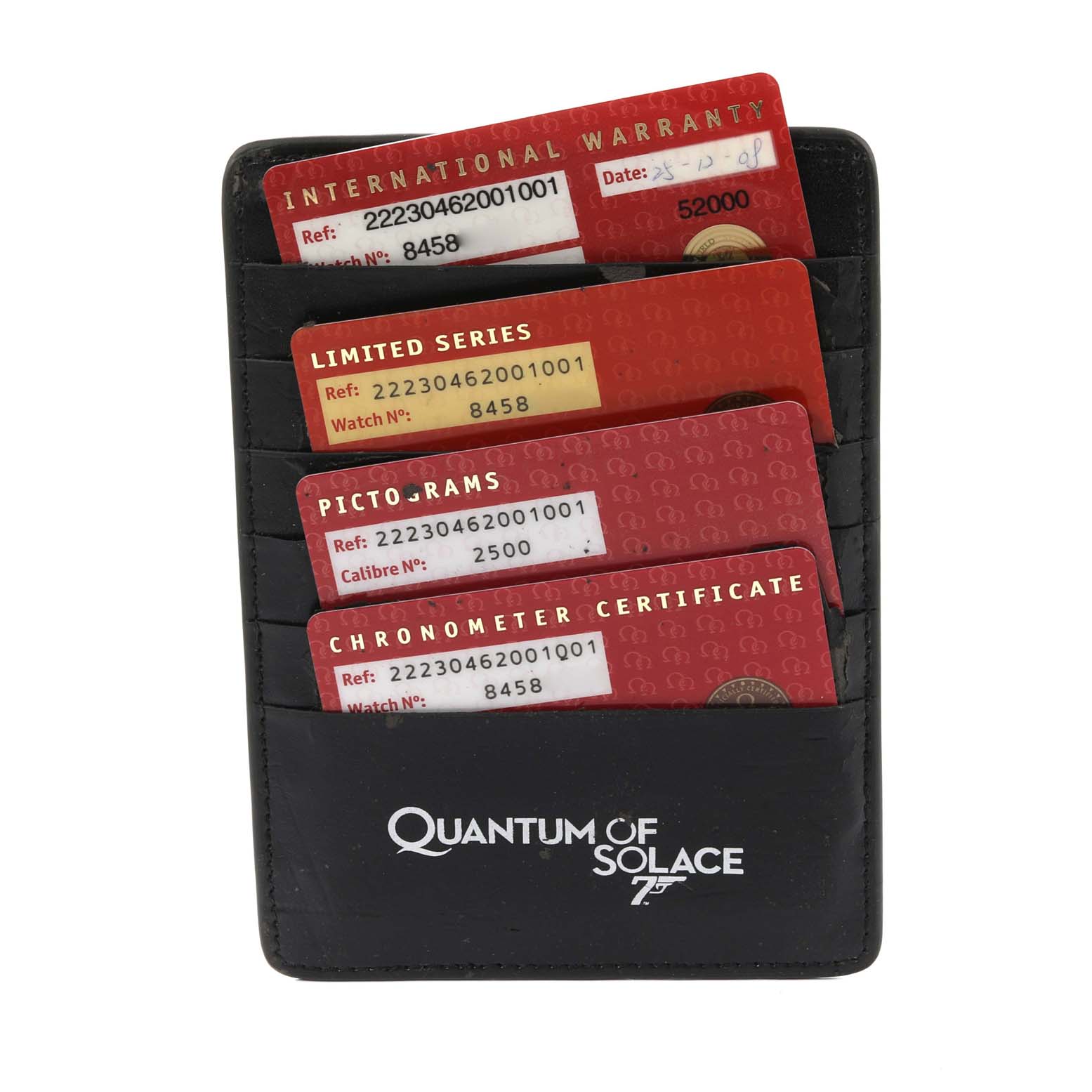 The image shows cards for the Omega Planet Ocean 222.30.46.20.01.001 Men's Stainless Steel Black Dial 222.30.46.20.01.001 Men's Stainless Steel Black Dial watch model, including warranty and certification, in a black holder.