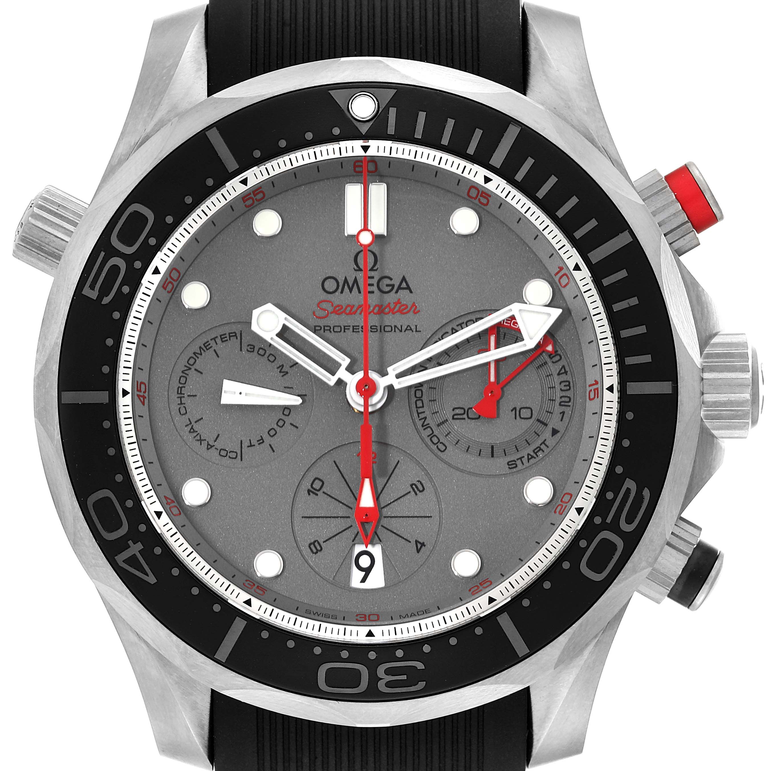 The Omega Seamaster 212.92.44.50.99.001 Men's Titanium Grey Dial 212.92.44.50.99.001 Men's Titanium Grey Dial watch is shown from a front angle, displaying its dial, bezel, and chronograph subdials.