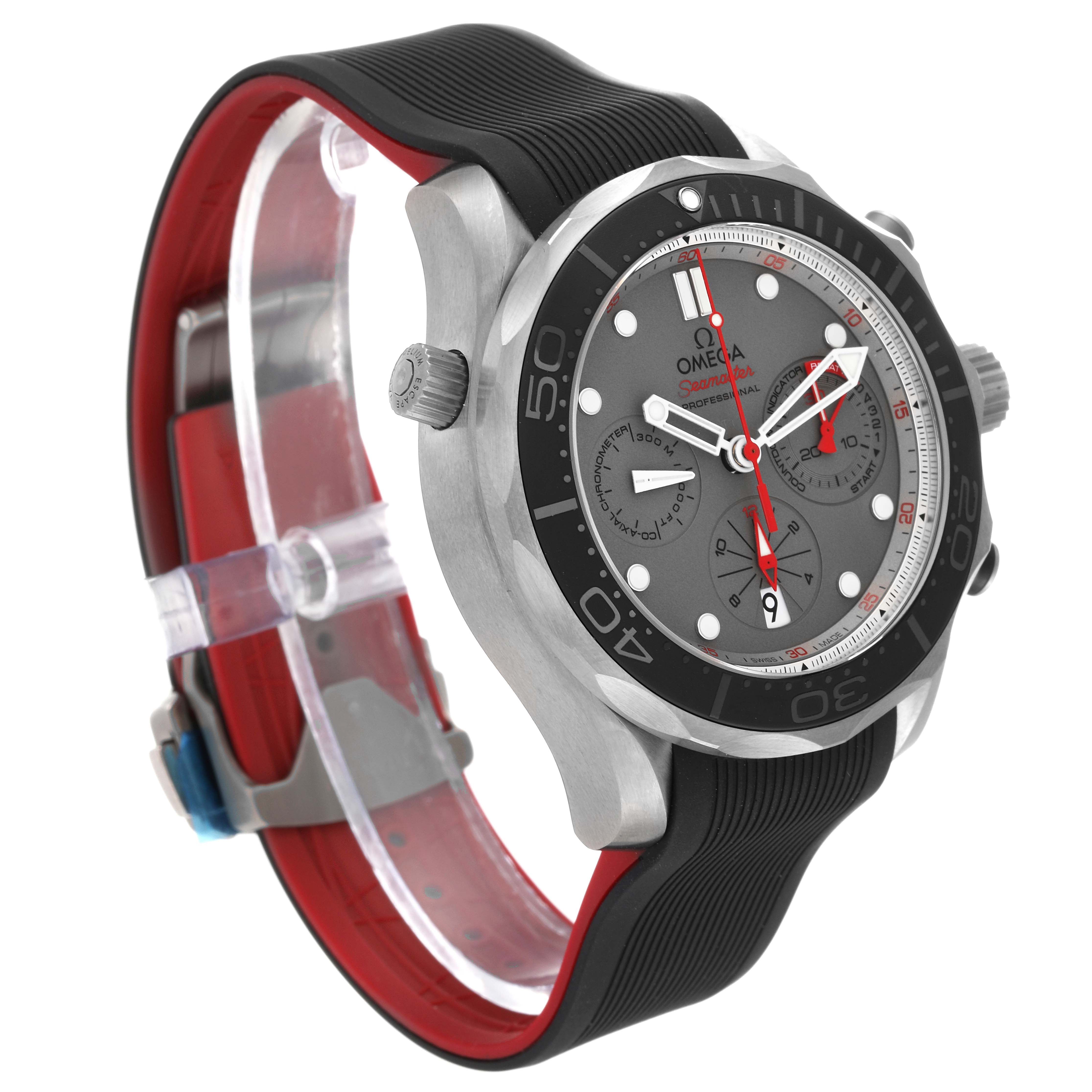 The image shows an Omega Seamaster 212.92.44.50.99.001 Men's Titanium Grey Dial 212.92.44.50.99.001 Men's Titanium Grey Dial watch from a side-front angle, displaying its strap, bezel, and dial.