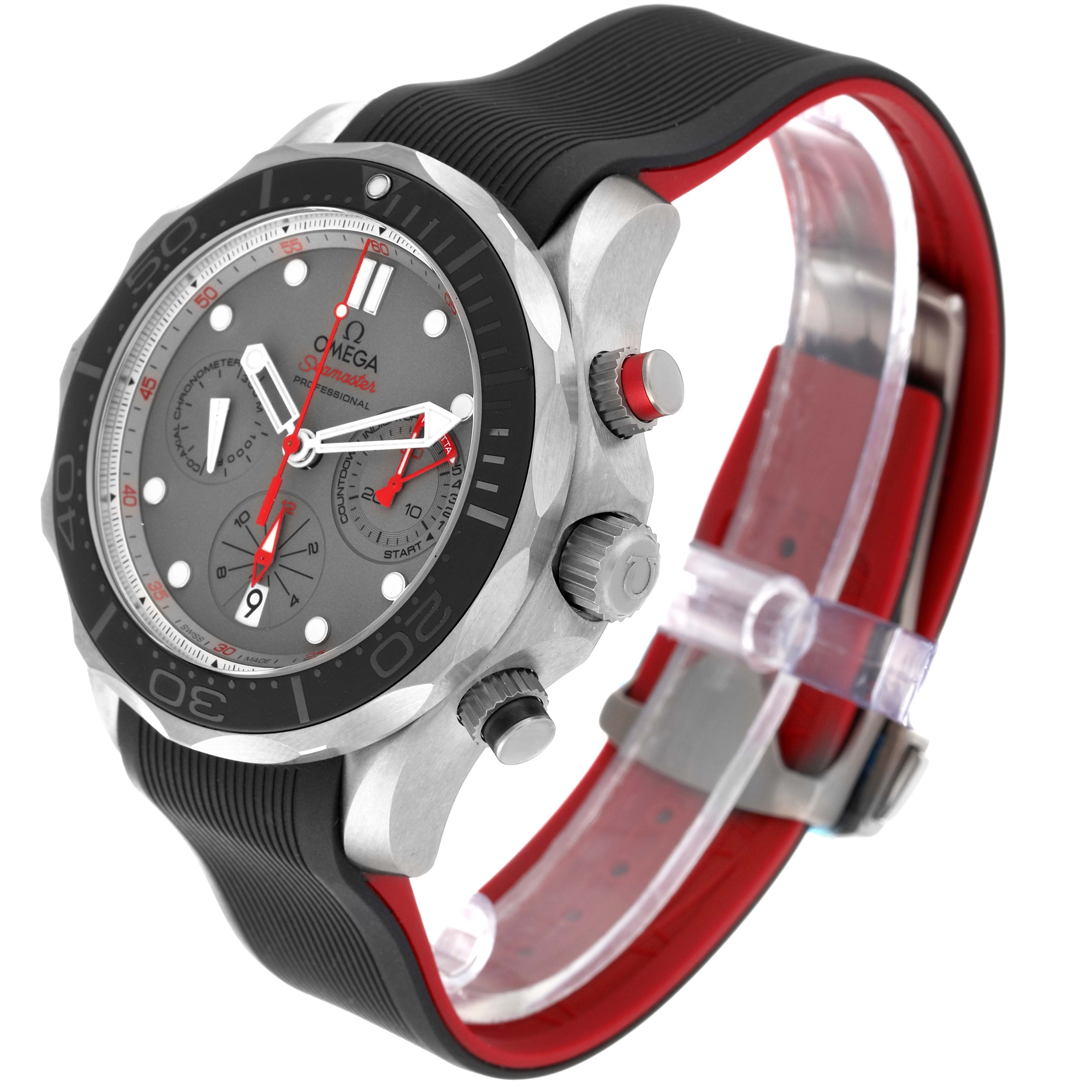 The Omega Seamaster 212.92.44.50.99.001 Men's Titanium Grey Dial 212.92.44.50.99.001 Men's Titanium Grey Dial watch is shown at a three-quarter angle, displaying the bezel, dial, chronograph pushers, crown, and strap.