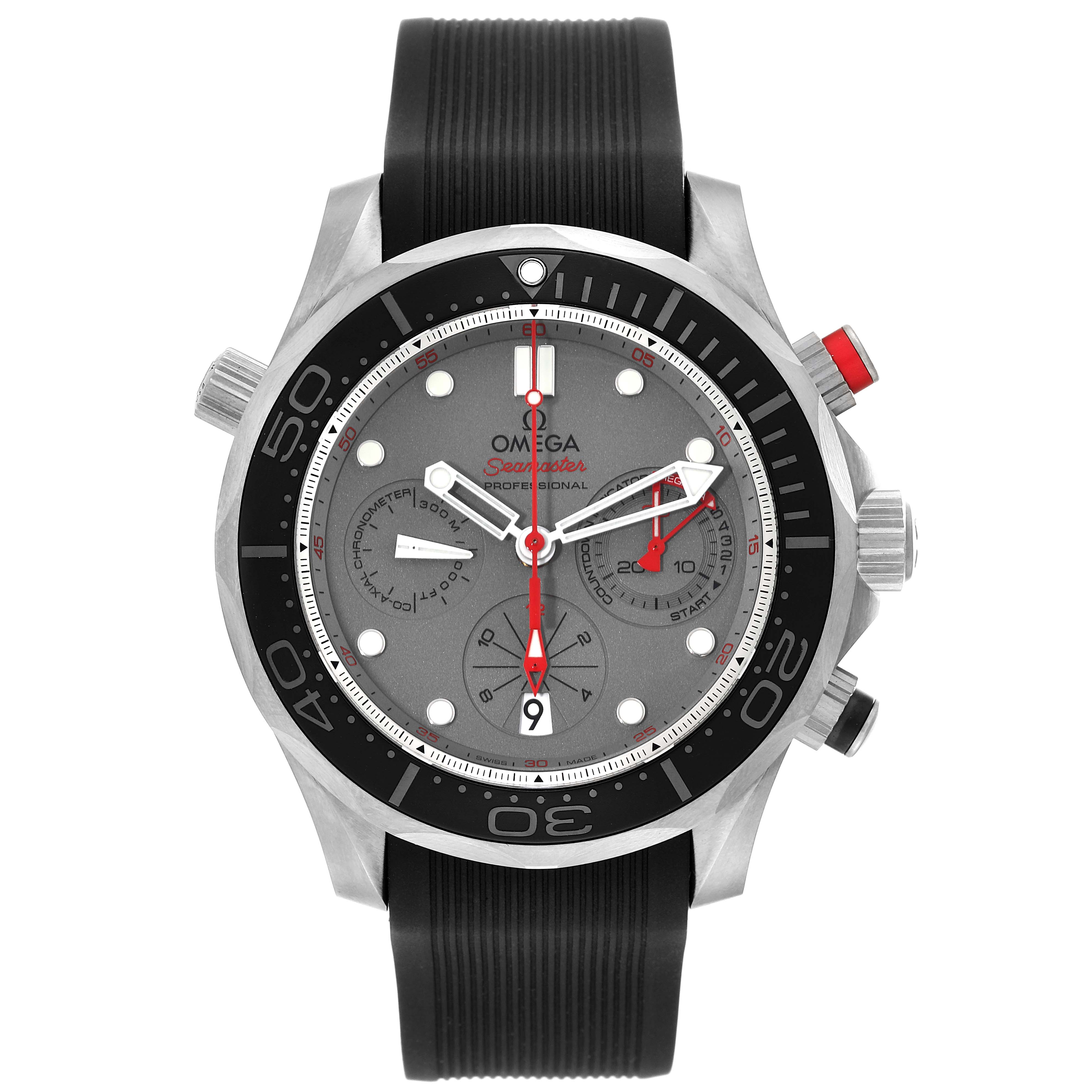 The Omega Seamaster 212.92.44.50.99.001 Men's Titanium Grey Dial 212.92.44.50.99.001 Men's Titanium Grey Dial watch is shown from a front angle, highlighting its face, bezel, and black rubber strap.