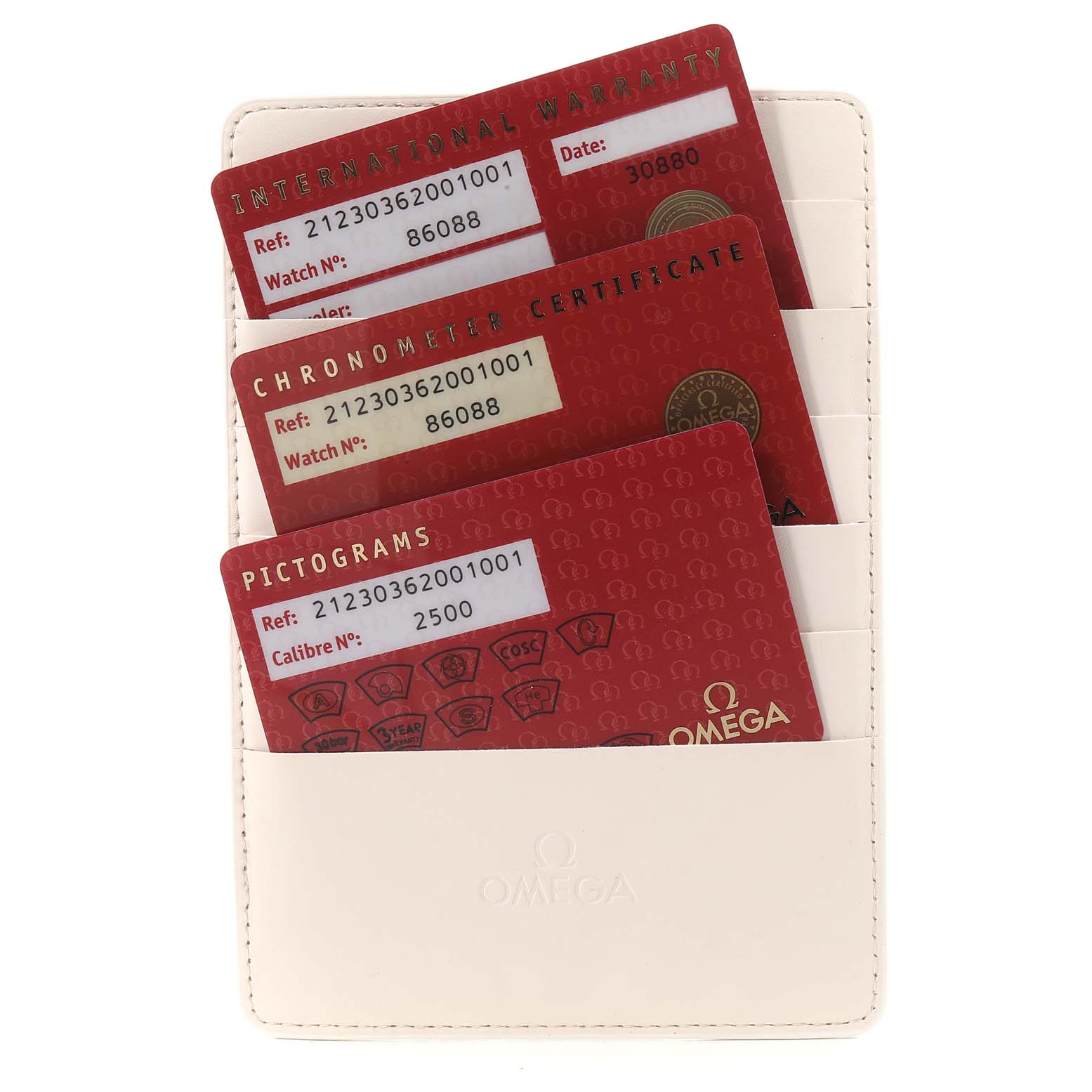 The image shows warranty, chronometer certificate, and pictograms cards for the Omega Seamaster 212.30.36.20.01.001 Men's Stainless Steel Black Dial 212.30.36.20.01.001 Men's Stainless Steel Black Dial, in a cream-colored holder.