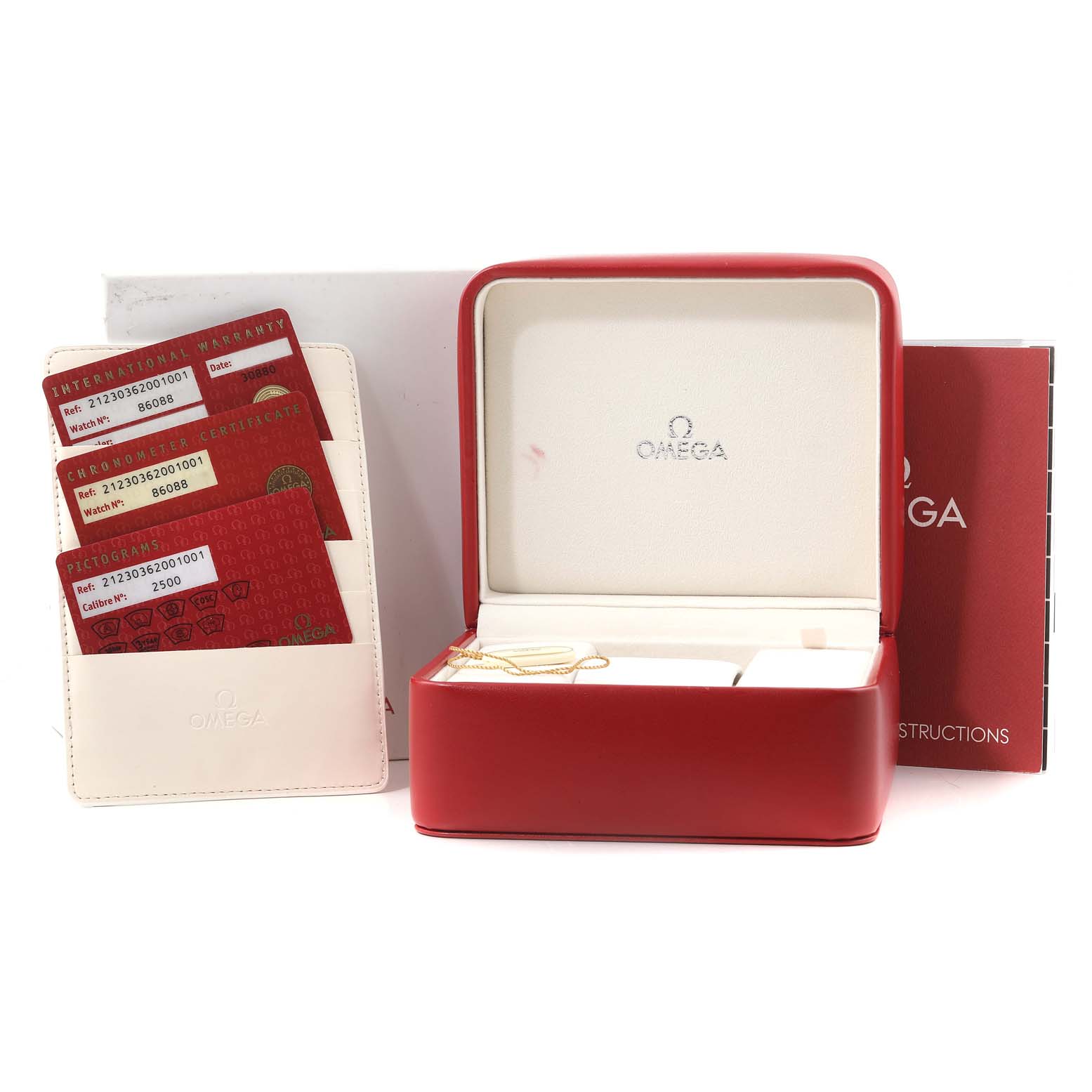 The image shows an Omega Seamaster 212.30.36.20.01.001 Men's Stainless Steel Black Dial 212.30.36.20.01.001 Men's Stainless Steel Black Dial watch box, warranty cards, an instruction manual, and a cardholder.