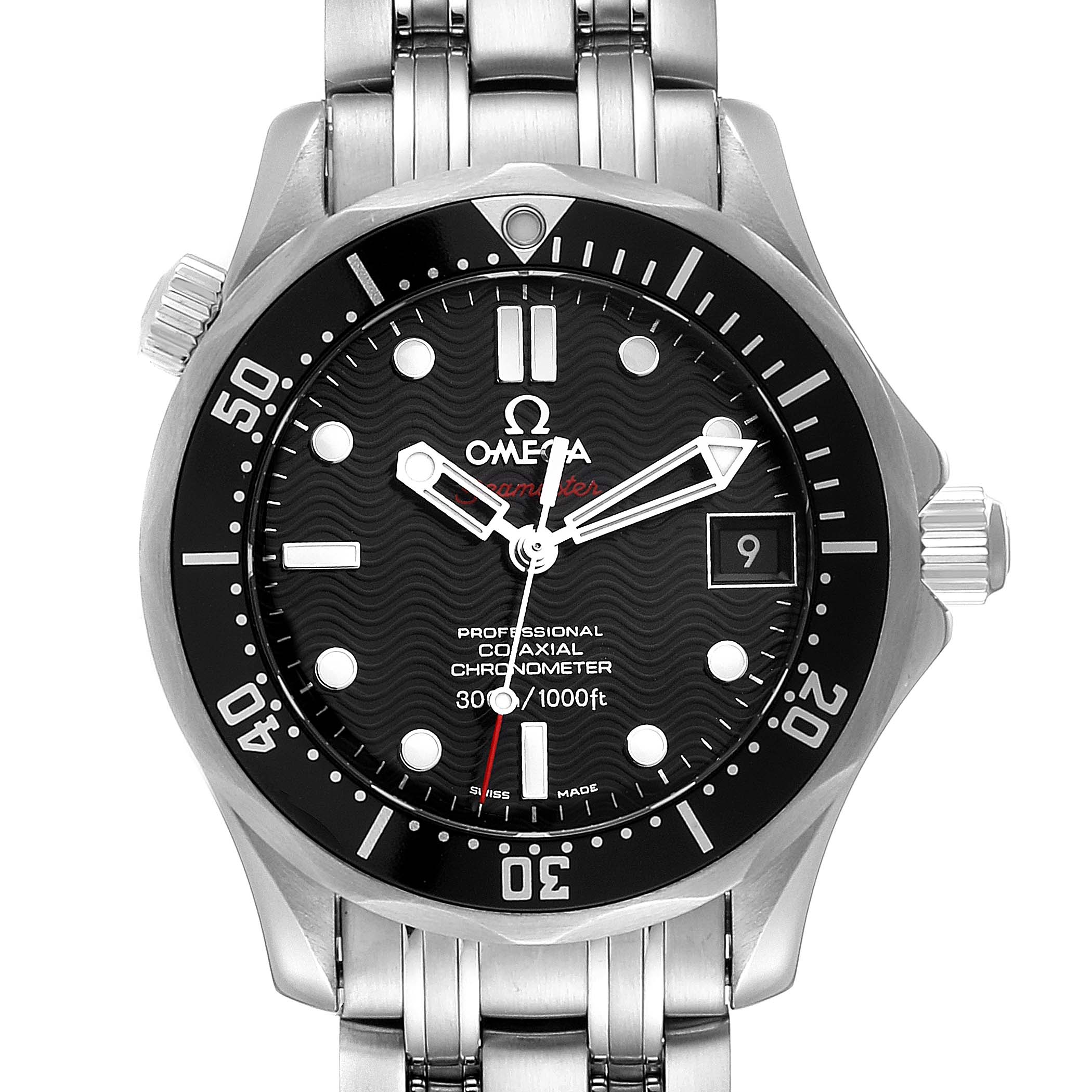 The image shows a front view of an Omega Seamaster 212.30.36.20.01.001 Men's Stainless Steel Black Dial 212.30.36.20.01.001 Men's Stainless Steel Black Dial watch, depicting the dial, bezel, and part of the metal bracelet.