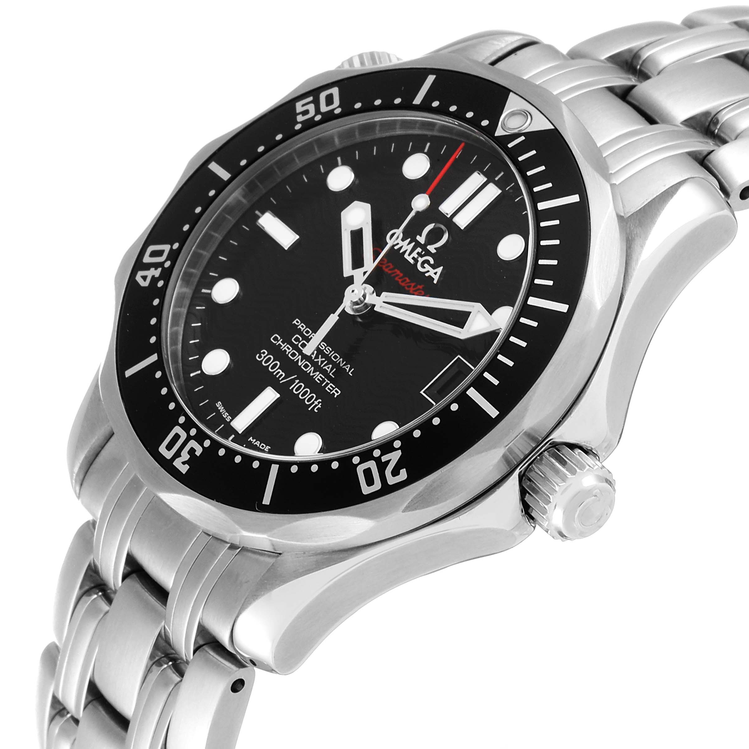 The image shows an angled view of the Omega Seamaster 212.30.36.20.01.001 Men's Stainless Steel Black Dial 212.30.36.20.01.001 Men's Stainless Steel Black Dial watch, highlighting the dial, bezel, crown, and stainless steel bracelet.