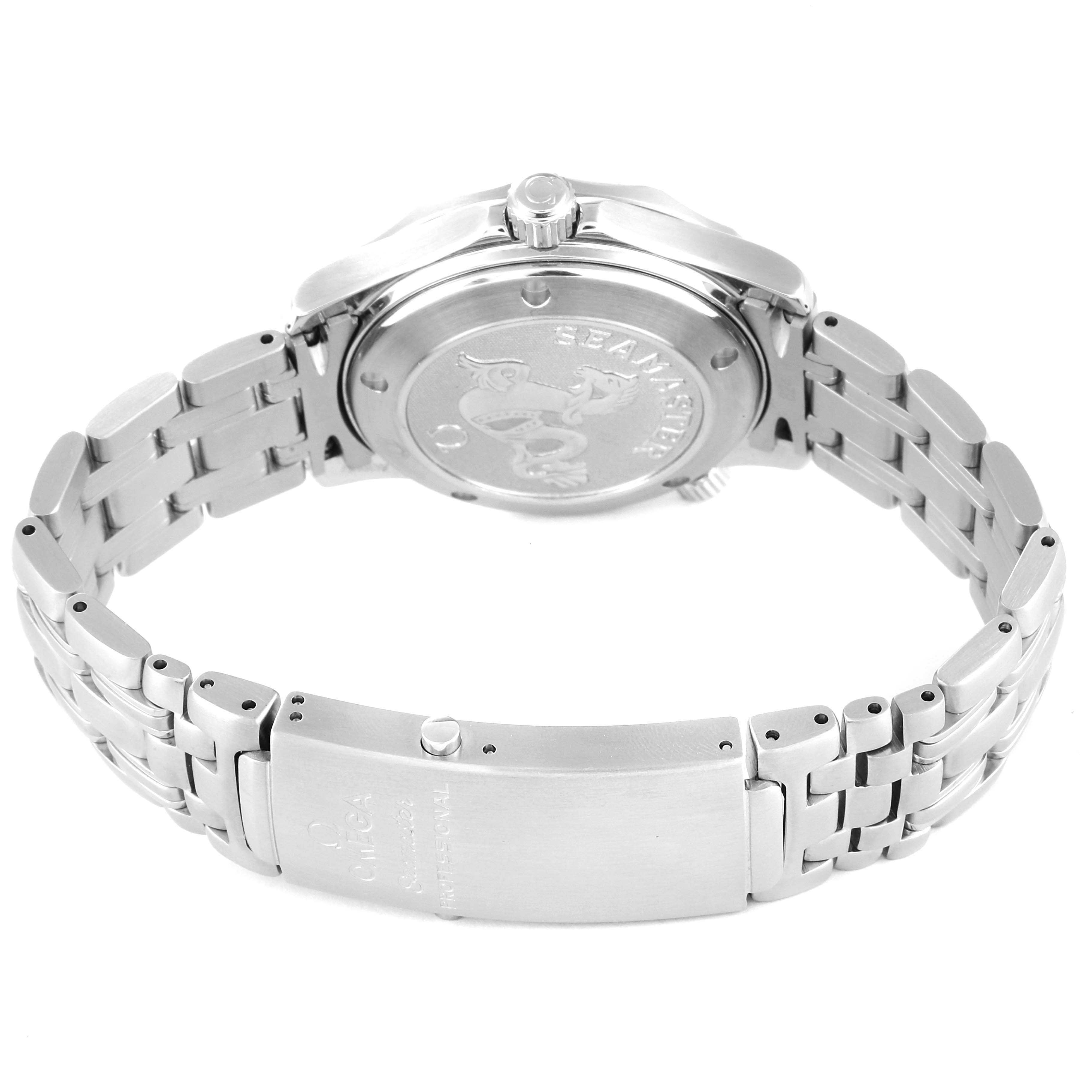 The image shows the back view of the Omega Seamaster 212.30.36.20.01.001 Men's Stainless Steel Black Dial 212.30.36.20.01.001 Men's Stainless Steel Black Dial watch, highlighting the case back and metal bracelet with the clasp.