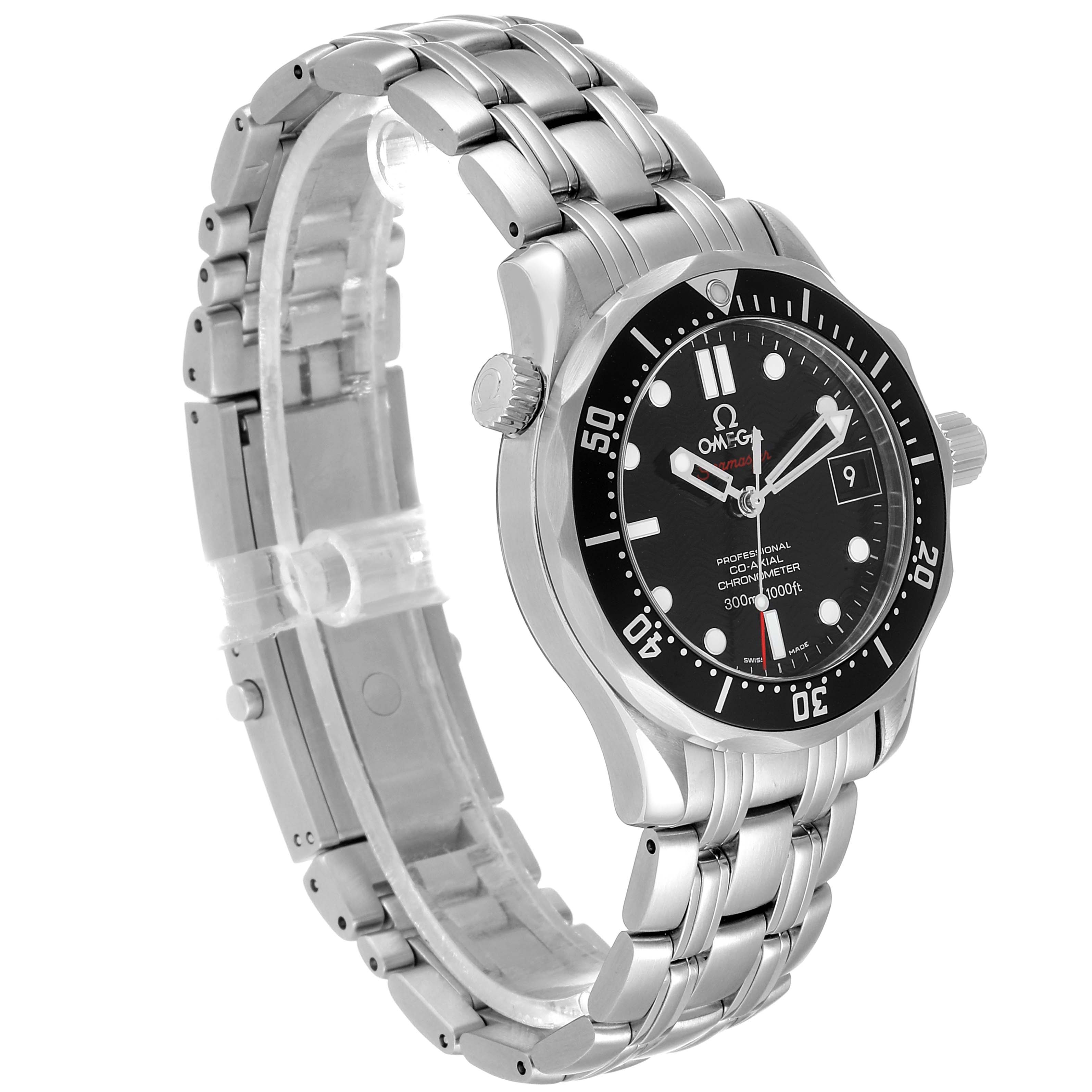 The Omega Seamaster 212.30.36.20.01.001 Men's Stainless Steel Black Dial 212.30.36.20.01.001 Men's Stainless Steel Black Dial watch is shown from an angled side view, highlighting the bracelet, bezel, and dial.