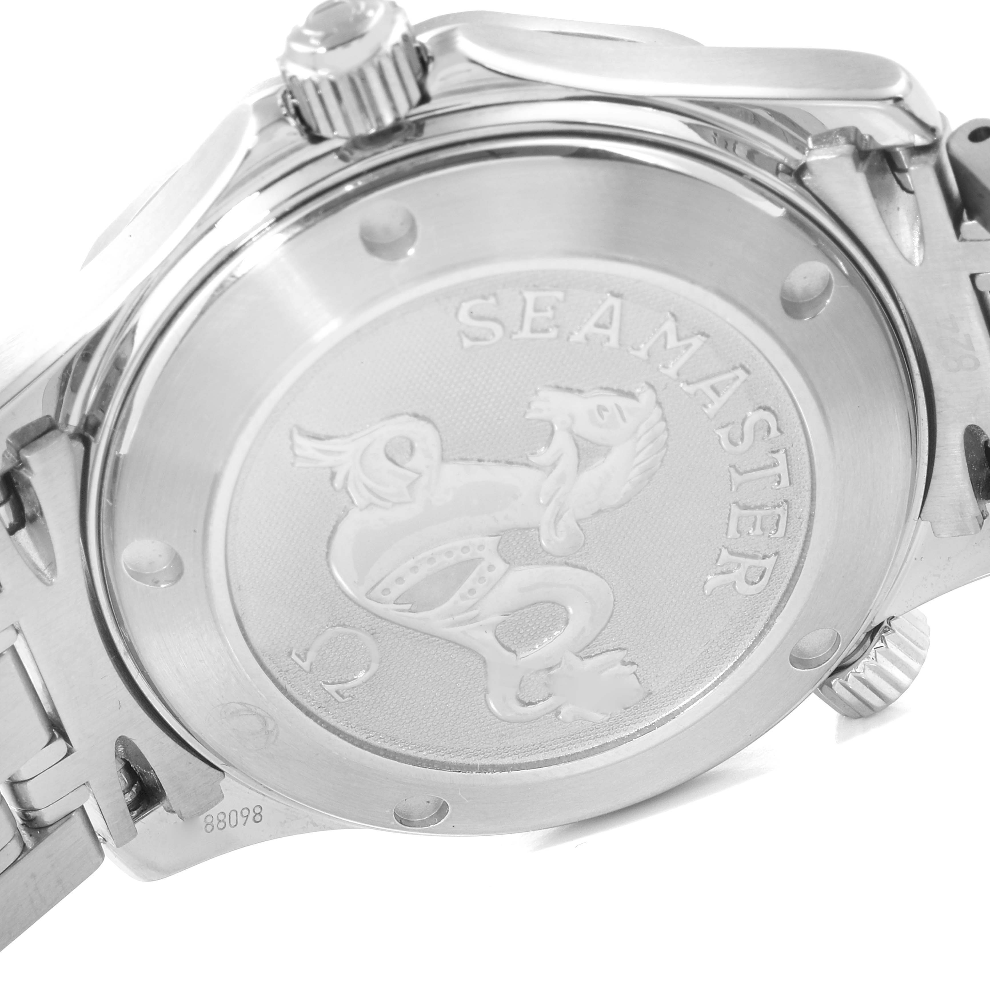 The image shows the case back of an Omega Seamaster 212.30.36.20.01.001 Men's Stainless Steel Black Dial 212.30.36.20.01.001 Men's Stainless Steel Black Dial watch, highlighting its engraved logo and stainless steel finish.