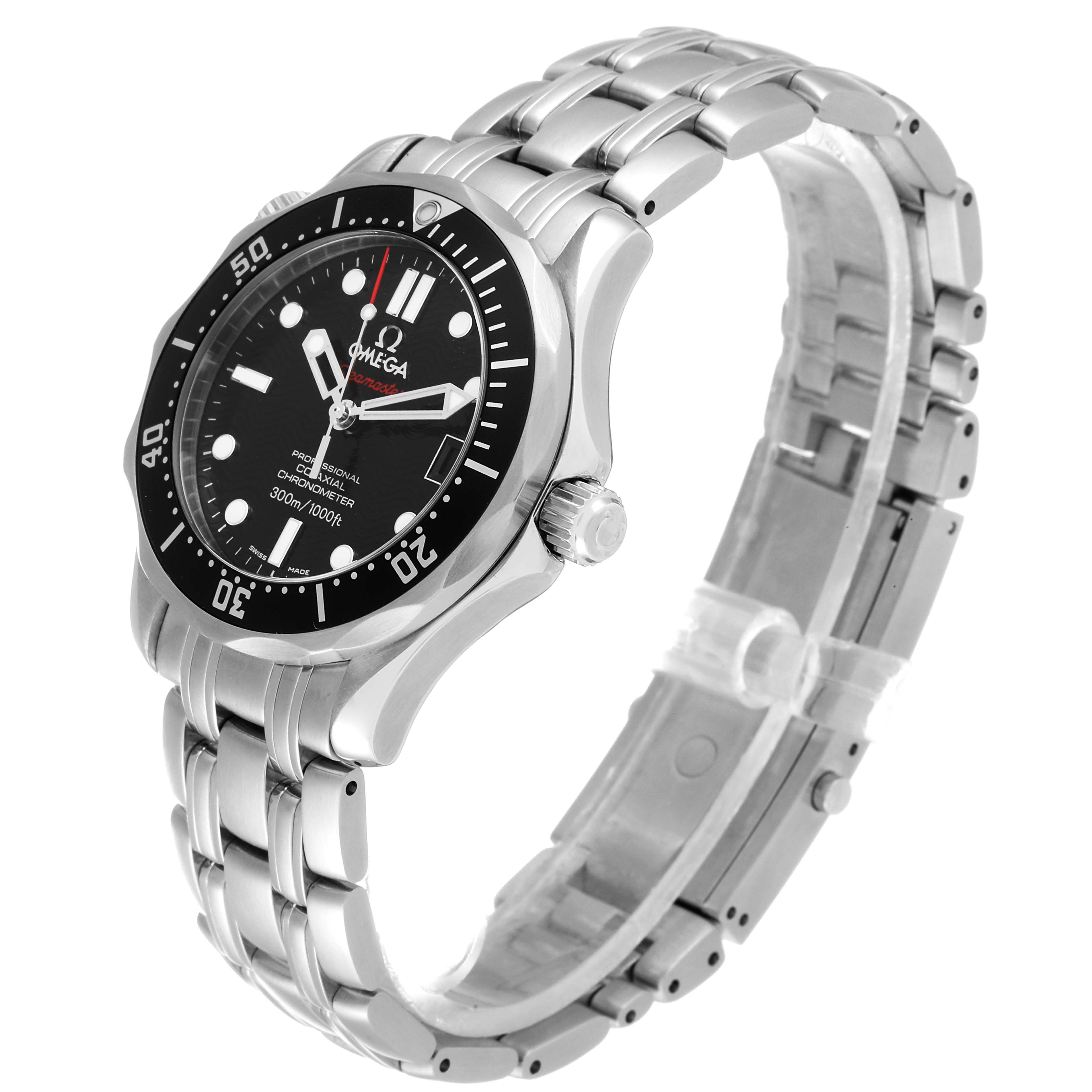 The image shows an angled side view of the Omega Seamaster 212.30.36.20.01.001 Men's Stainless Steel Black Dial 212.30.36.20.01.001 Men's Stainless Steel Black Dial watch, highlighting its stainless steel bracelet and black dial.