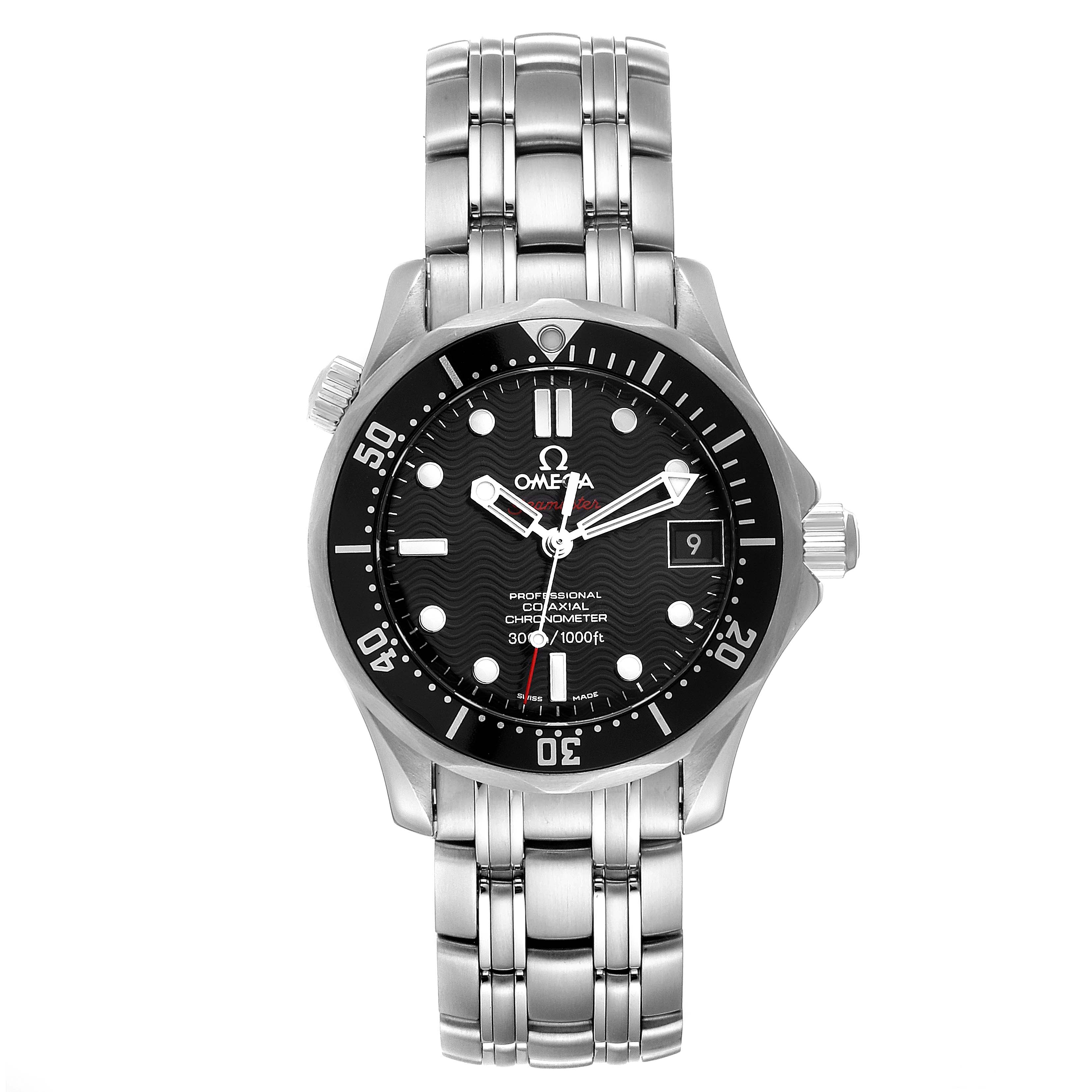 The image shows a front view of an Omega Seamaster 212.30.36.20.01.001 Men's Stainless Steel Black Dial 212.30.36.20.01.001 Men's Stainless Steel Black Dial watch with a black dial and stainless steel bracelet.