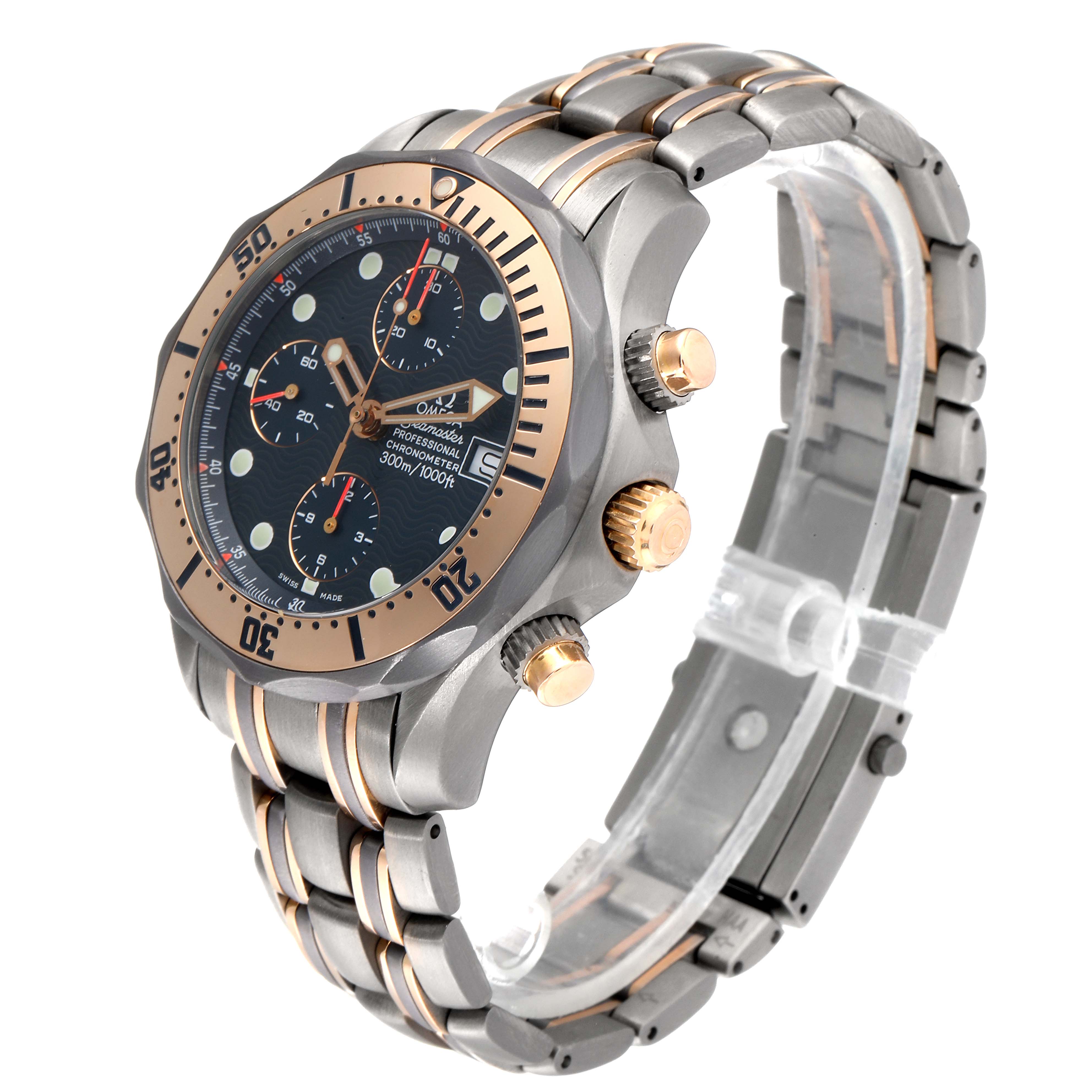 The Omega Seamaster 2296.80.00 Men's Steel and Gold (two tone) Blue Dial 2296.80.00 Men's Steel and Gold (two tone) Blue Dial watch is shown from an angle displaying its face, bezel, crown, chronograph buttons, and metal bracelet.