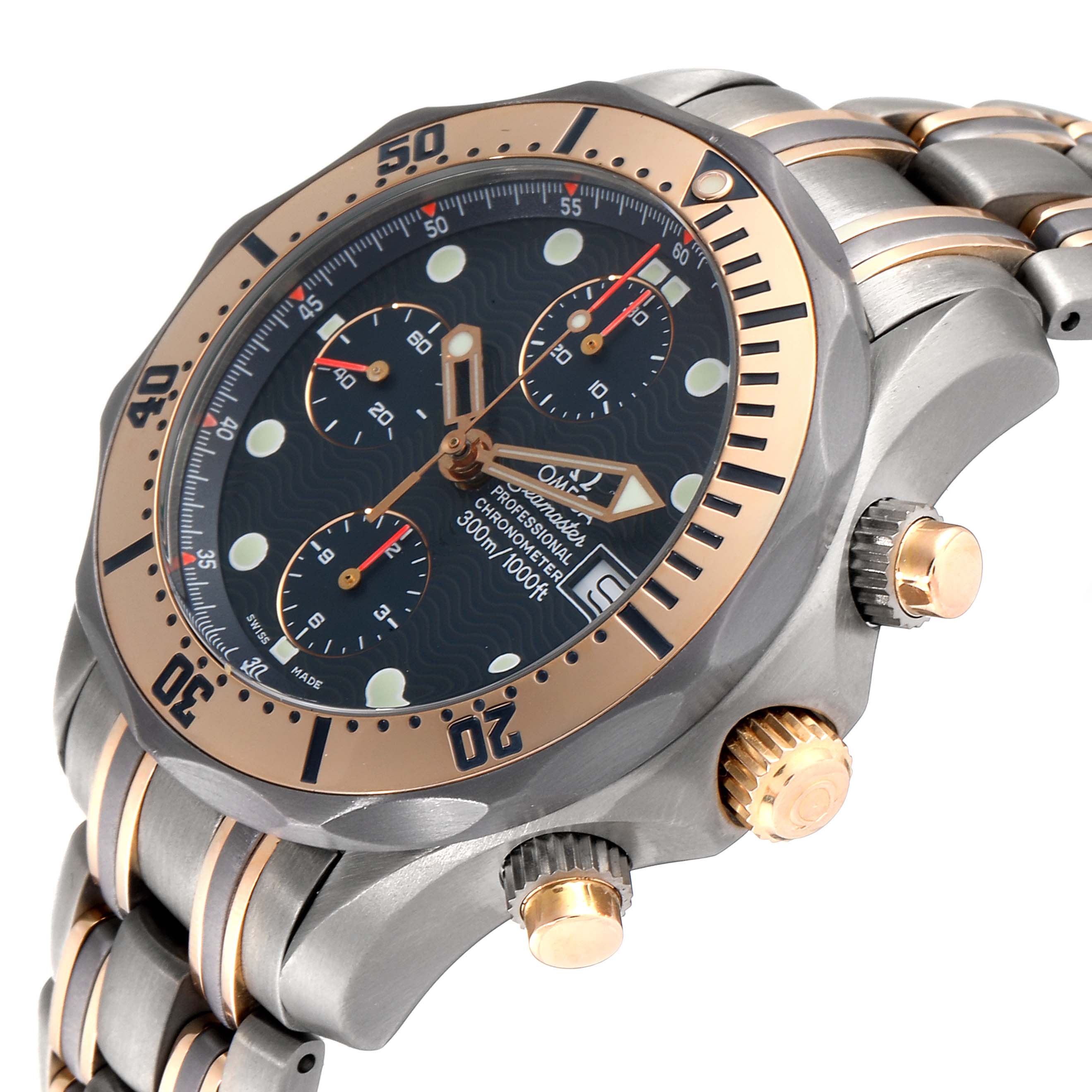 The image shows a side view of the Omega Seamaster 2296.80.00 Men's Steel and Gold (two tone) Blue Dial 2296.80.00 Men's Steel and Gold (two tone) Blue Dial watch, highlighting the bezel, crown, and dial features.