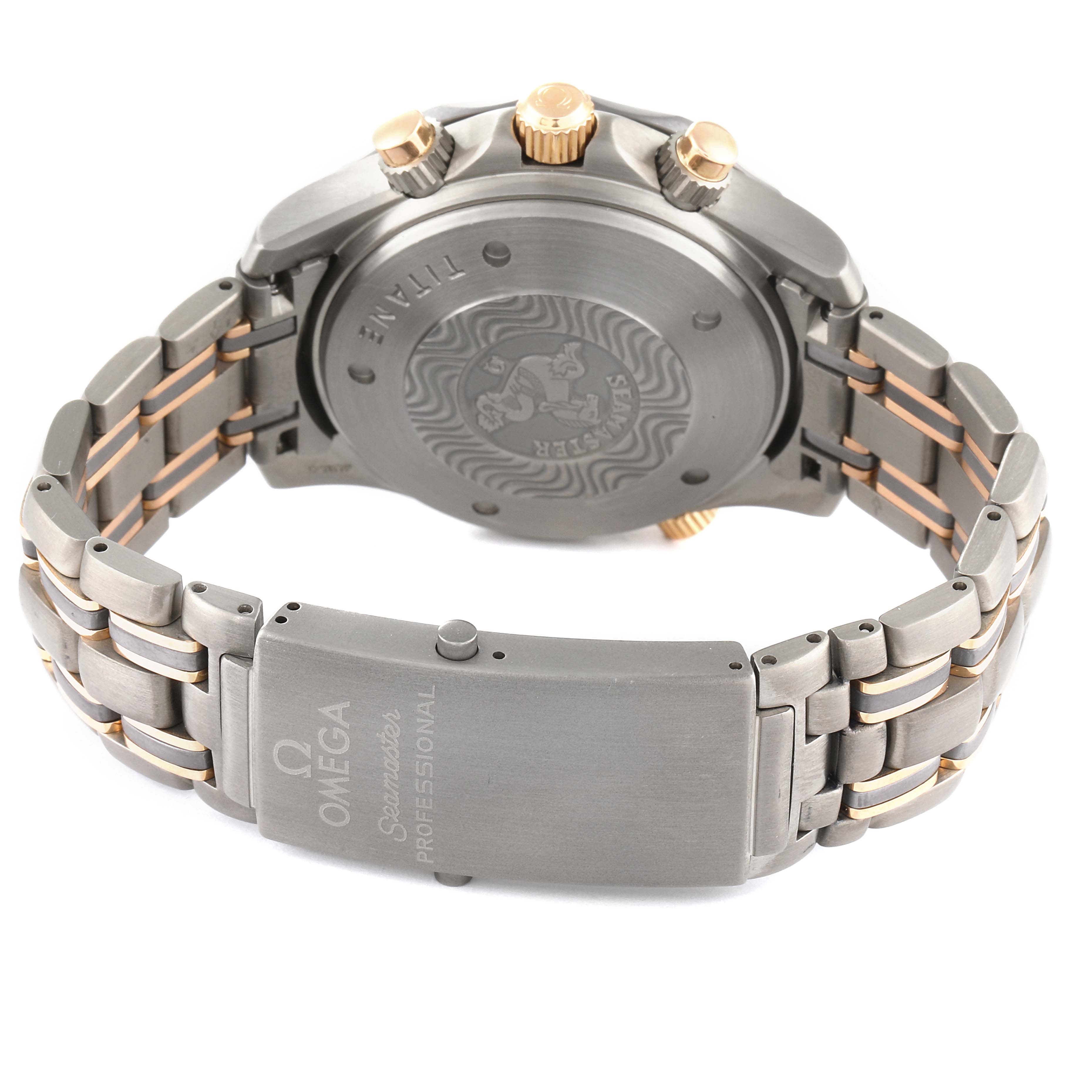 The image shows the back case, crown, and bracelet with a clasp of an Omega Seamaster 2296.80.00 Men's Steel and Gold (two tone) Blue Dial 2296.80.00 Men's Steel and Gold (two tone) Blue Dial watch.