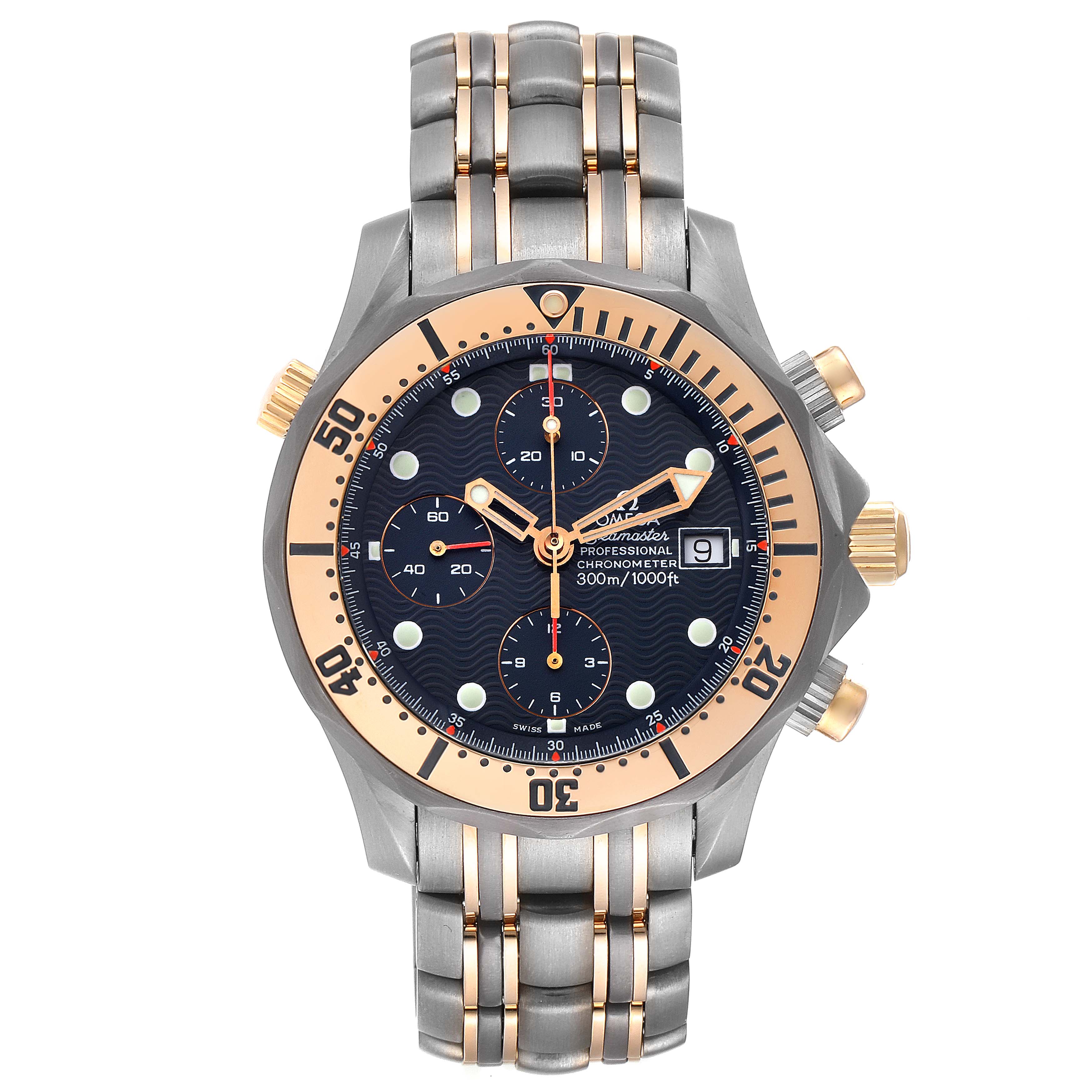 This image shows a front view of the Omega Seamaster 2296.80.00 Men's Steel and Gold (two tone) Blue Dial 2296.80.00 Men's Steel and Gold (two tone) Blue Dial watch, displaying its dial, bezel, and bracelet.