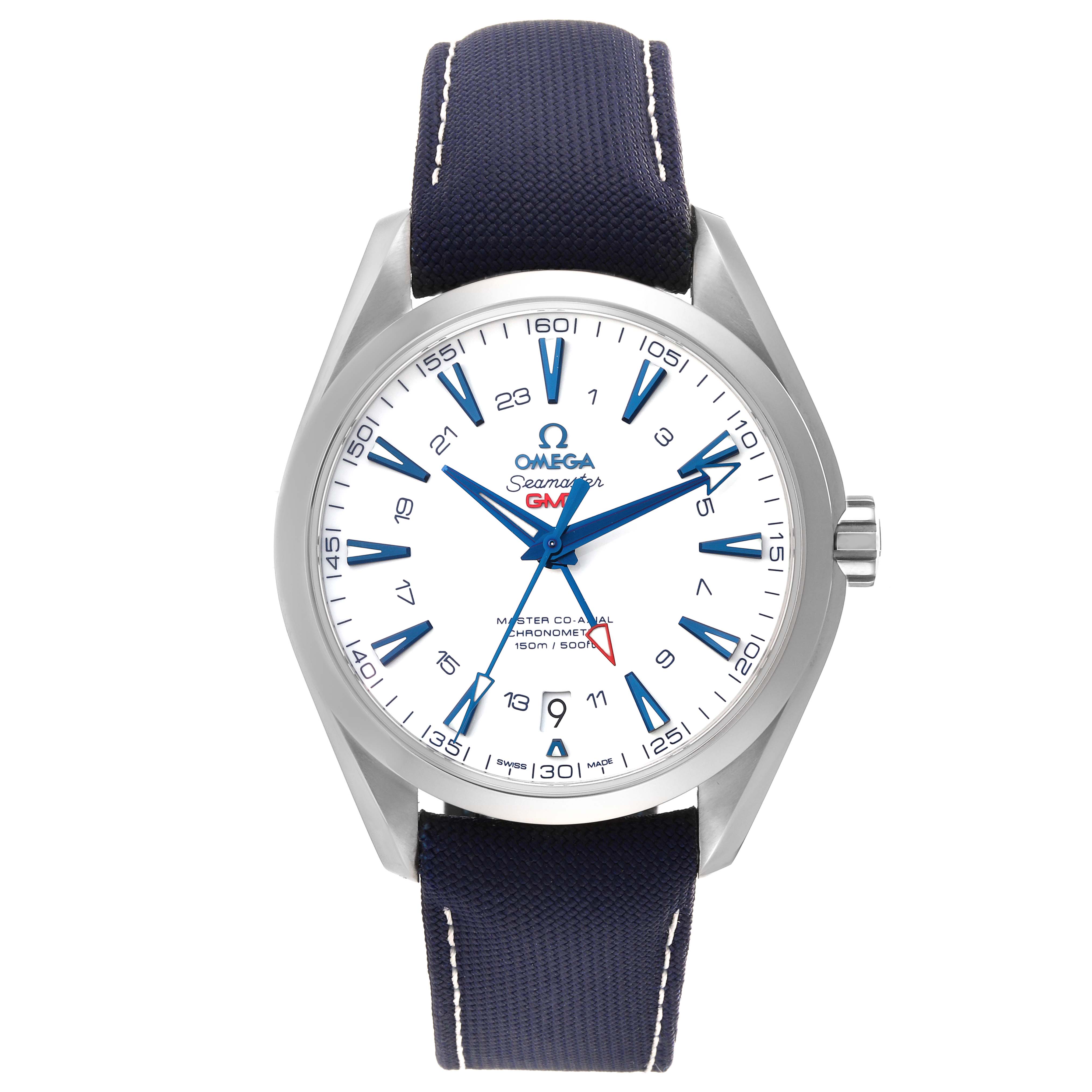 The image shows a front view of an Omega Aqua Terra 231.92.43.22.04.001 Men's Titanium White Dial 231.92.43.22.04.001 Men's Titanium White Dial watch with a white dial, blue indices, and a blue strap.