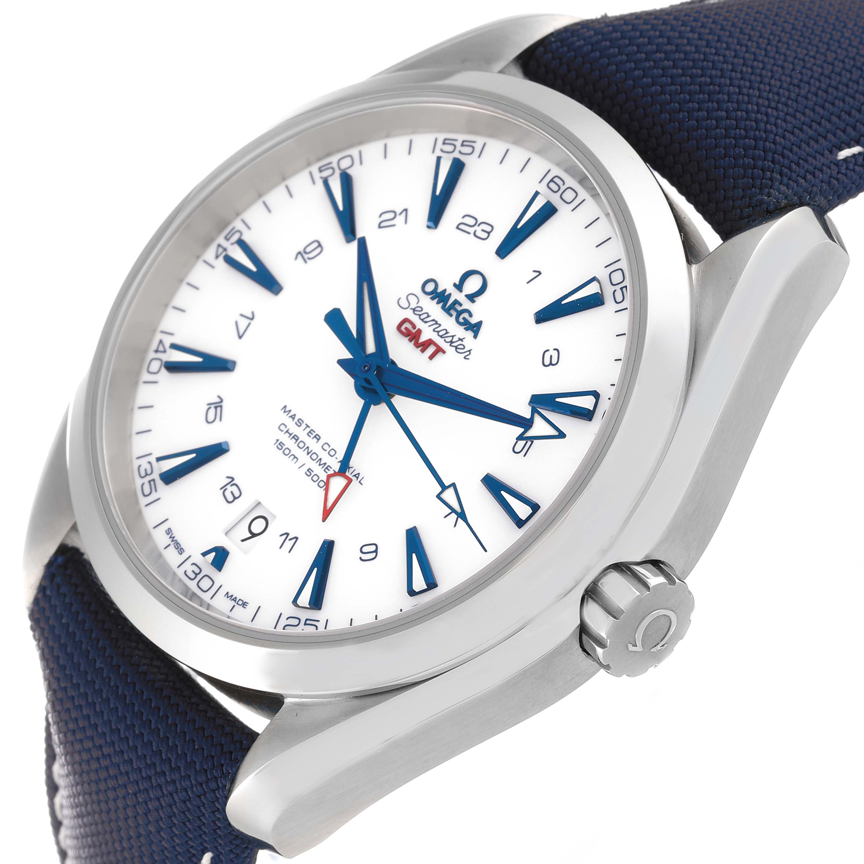 The image shows a close-up angle of an Omega Aqua Terra 231.92.43.22.04.001 Men's Titanium White Dial 231.92.43.22.04.001 Men's Titanium White Dial watch, focusing on the dial, bezel, crown, and part of the strap.