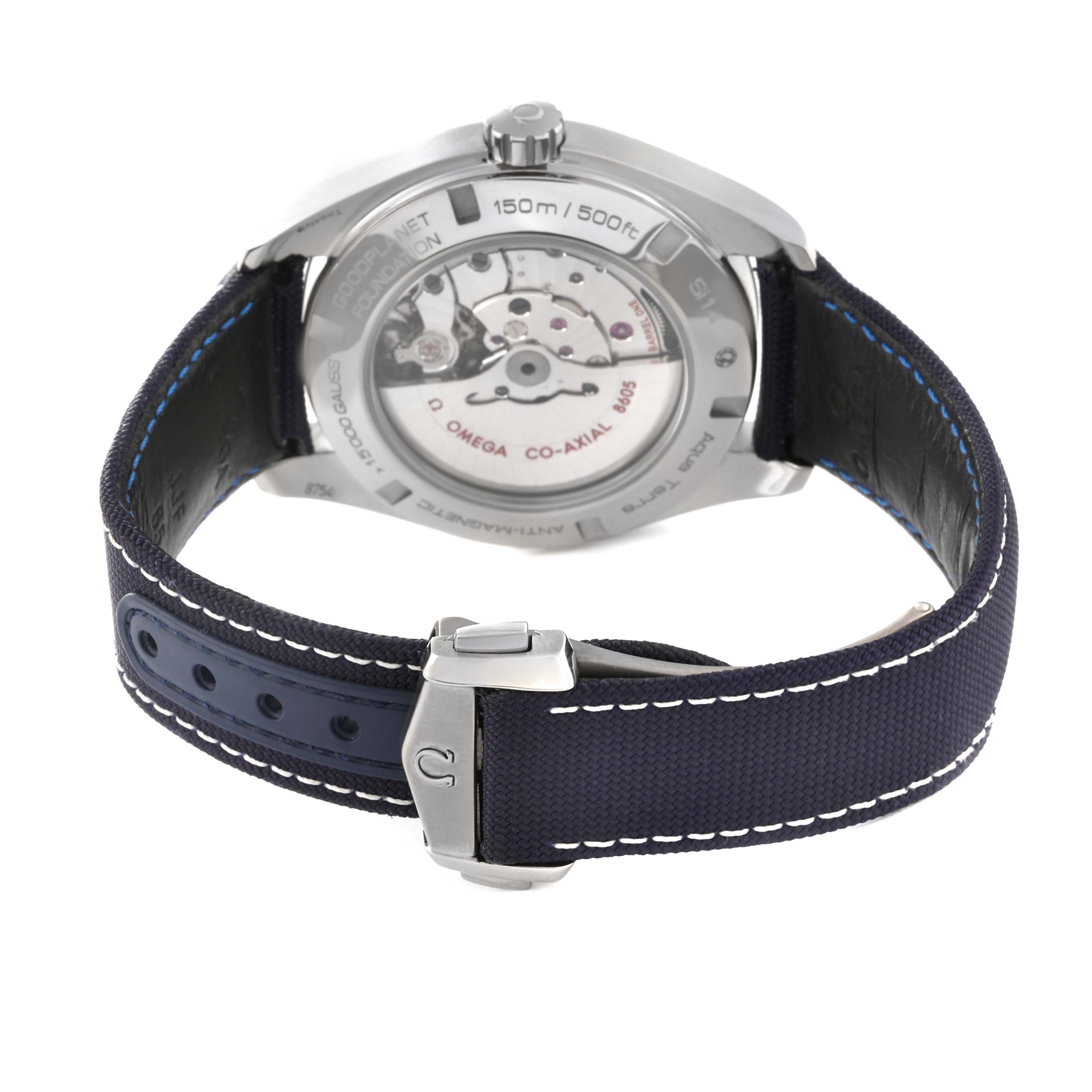 The image shows the back of the Omega Aqua Terra 231.92.43.22.04.001 Men's Titanium White Dial 231.92.43.22.04.001 Men's Titanium White Dial watch, including the case back and attached strap.