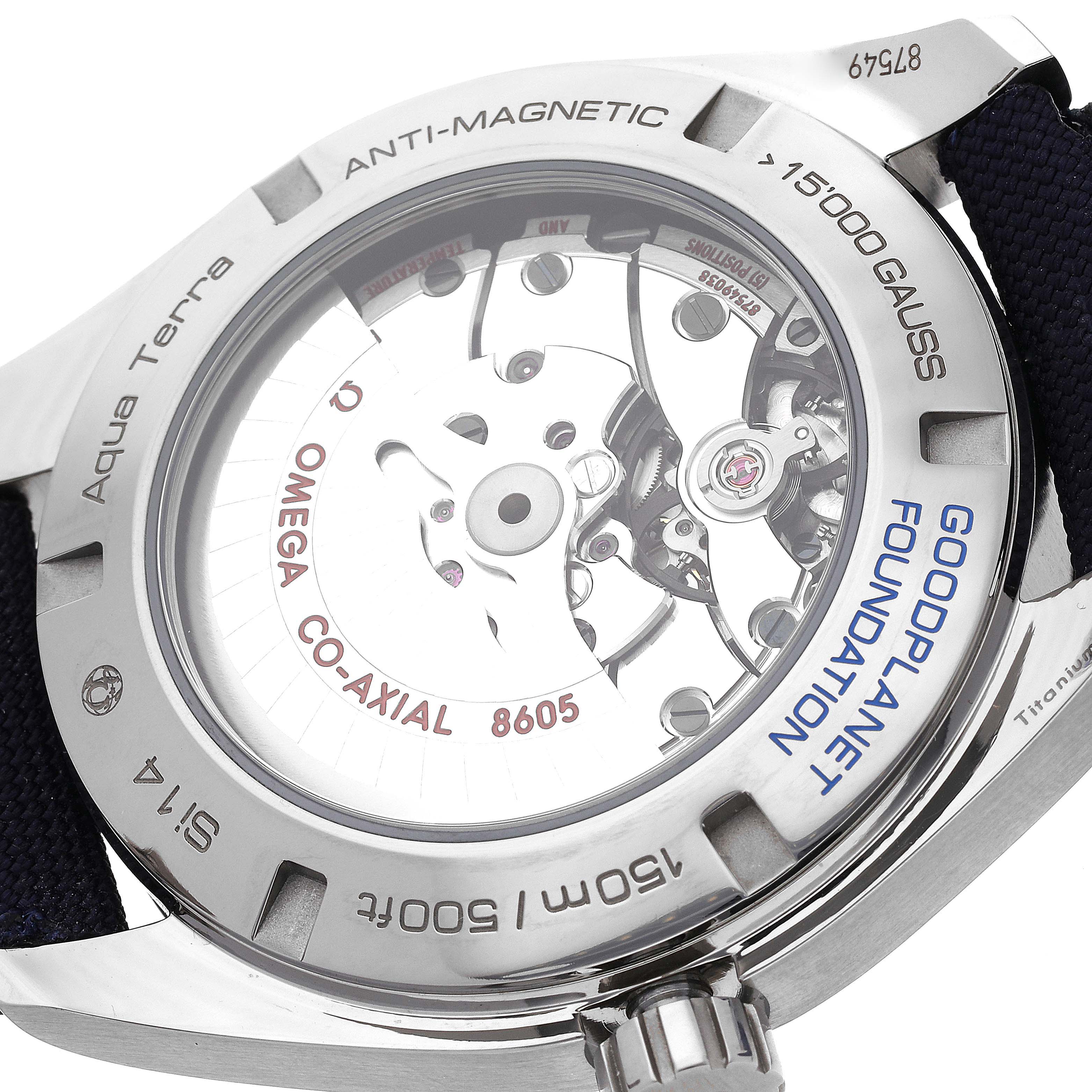 This image shows the back view of the Omega Aqua Terra 231.92.43.22.04.001 Men's Titanium White Dial 231.92.43.22.04.001 Men's Titanium White Dial watch, highlighting the movement and branding engravings.