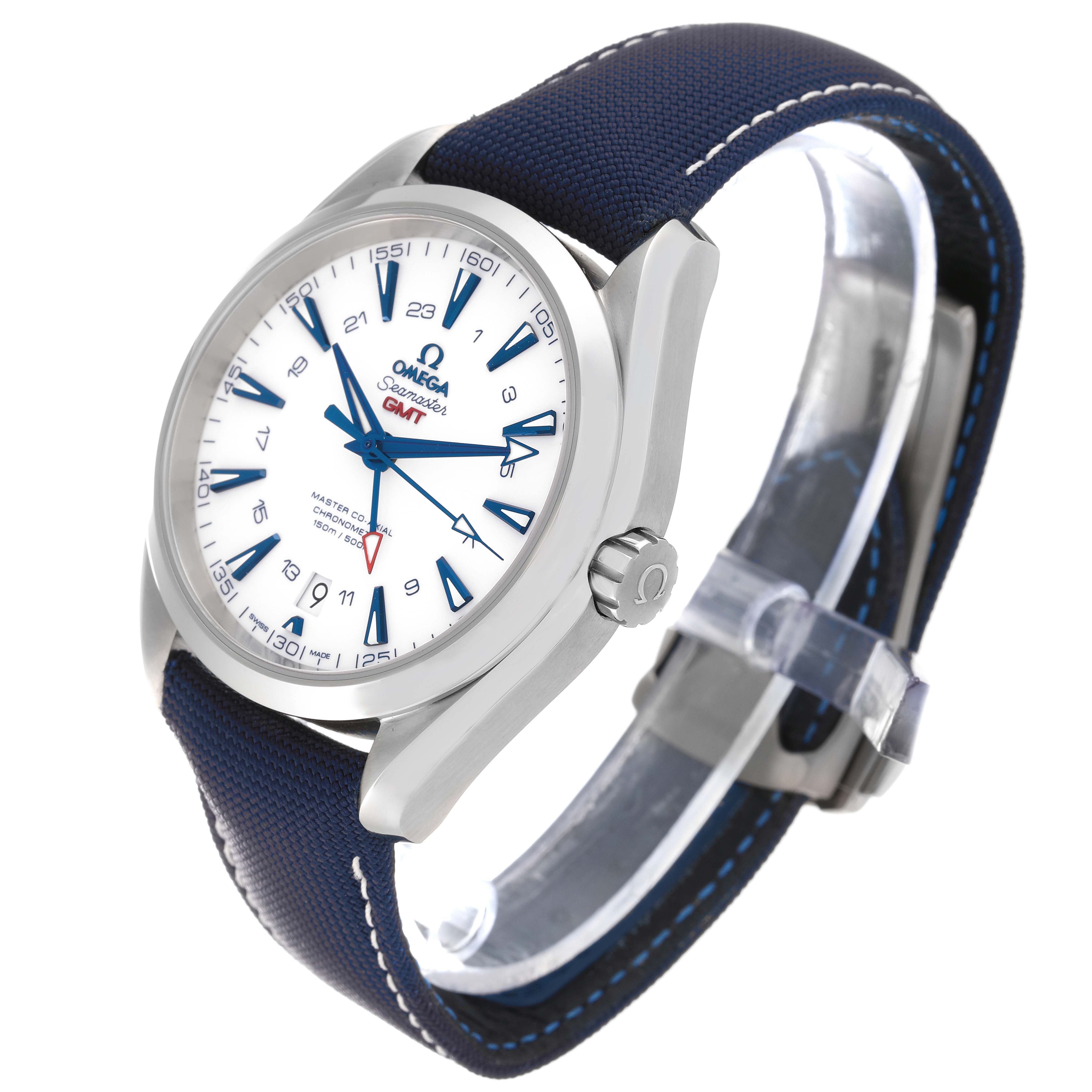 The image shows a side angle of an Omega Aqua Terra 231.92.43.22.04.001 Men's Titanium White Dial 231.92.43.22.04.001 Men's Titanium White Dial model watch, featuring its stainless steel case, crown, dial, and blue strap.