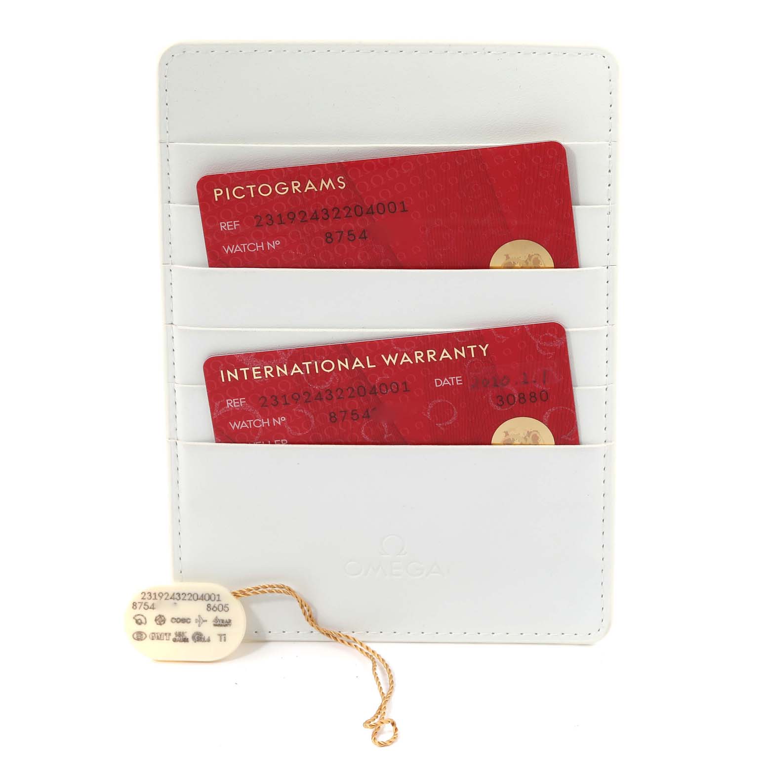 The image shows warranty cards and a tag for the Omega Aqua Terra 231.92.43.22.04.001 Men's Titanium White Dial 231.92.43.22.04.001 Men's Titanium White Dial watch, along with a cardholder.