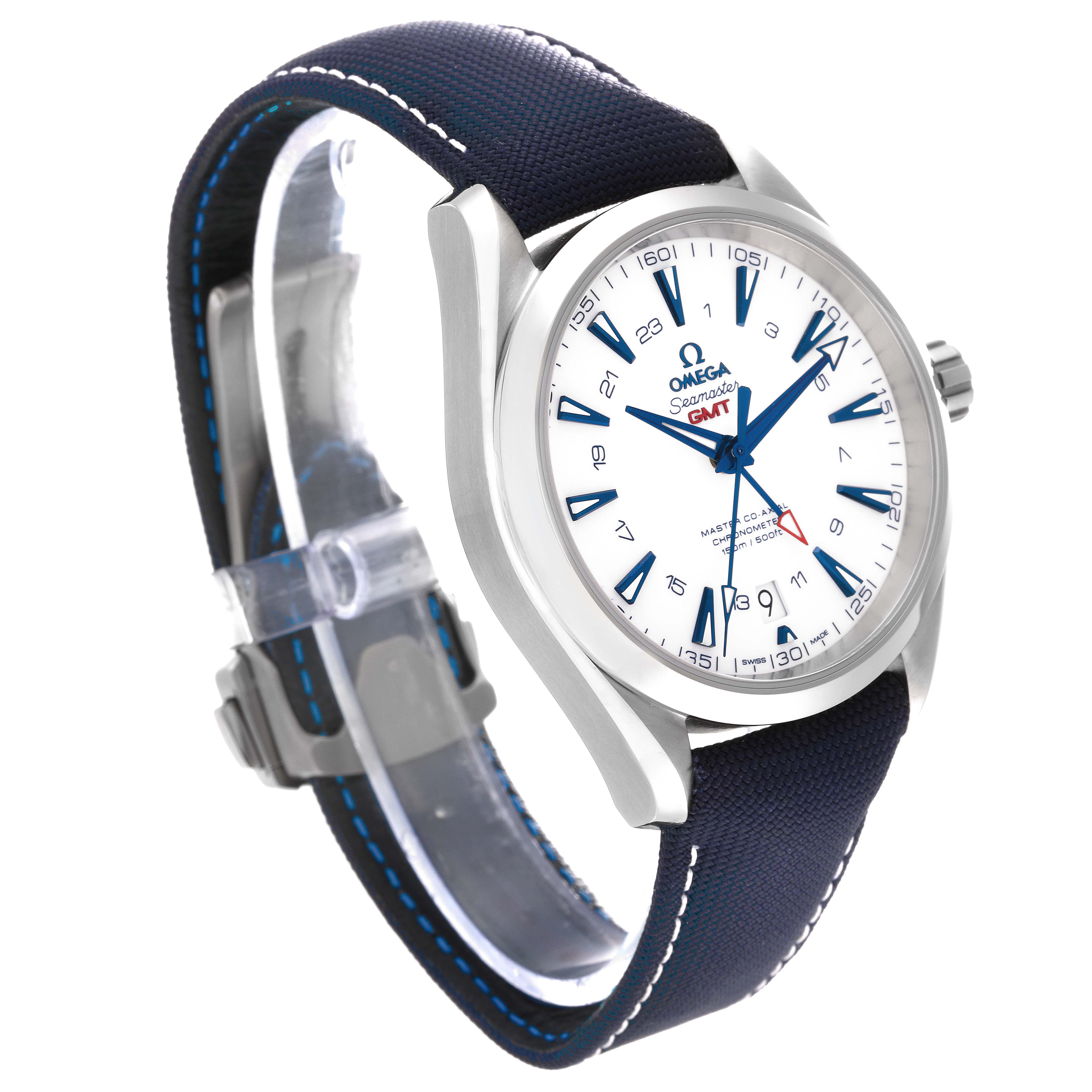 The image shows a side angle of the Omega Aqua Terra 231.92.43.22.04.001 Men's Titanium White Dial 231.92.43.22.04.001 Men's Titanium White Dial watch, highlighting the dial, bezel, and strap.