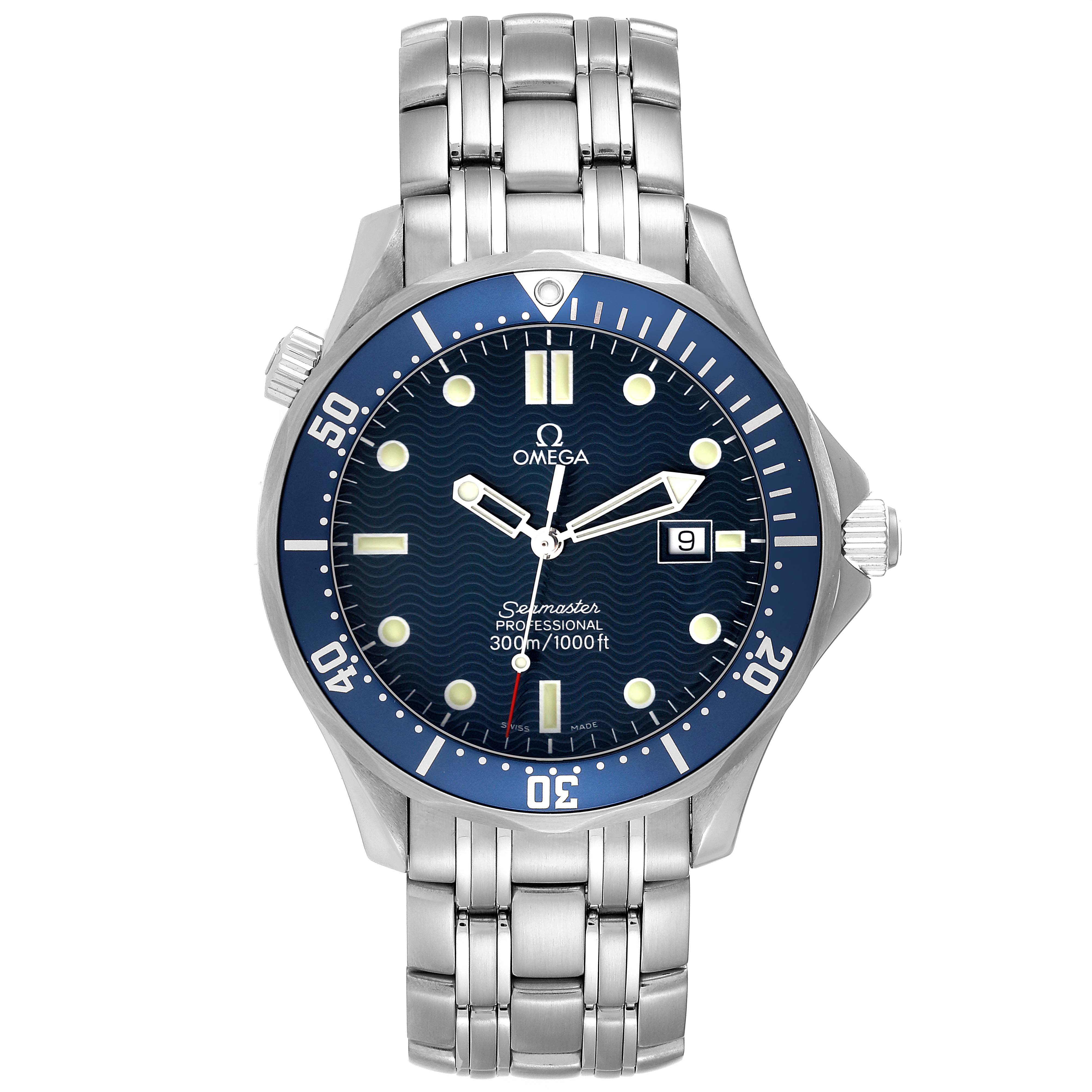 The Omega Seamaster 2541.80.00 Men
s Stainless Steel Blue Dial 2541.80.00 Men
s Stainless Steel Blue Dial watch is shown from a front angle, displaying its dial, bezel, bracelet, and crown.