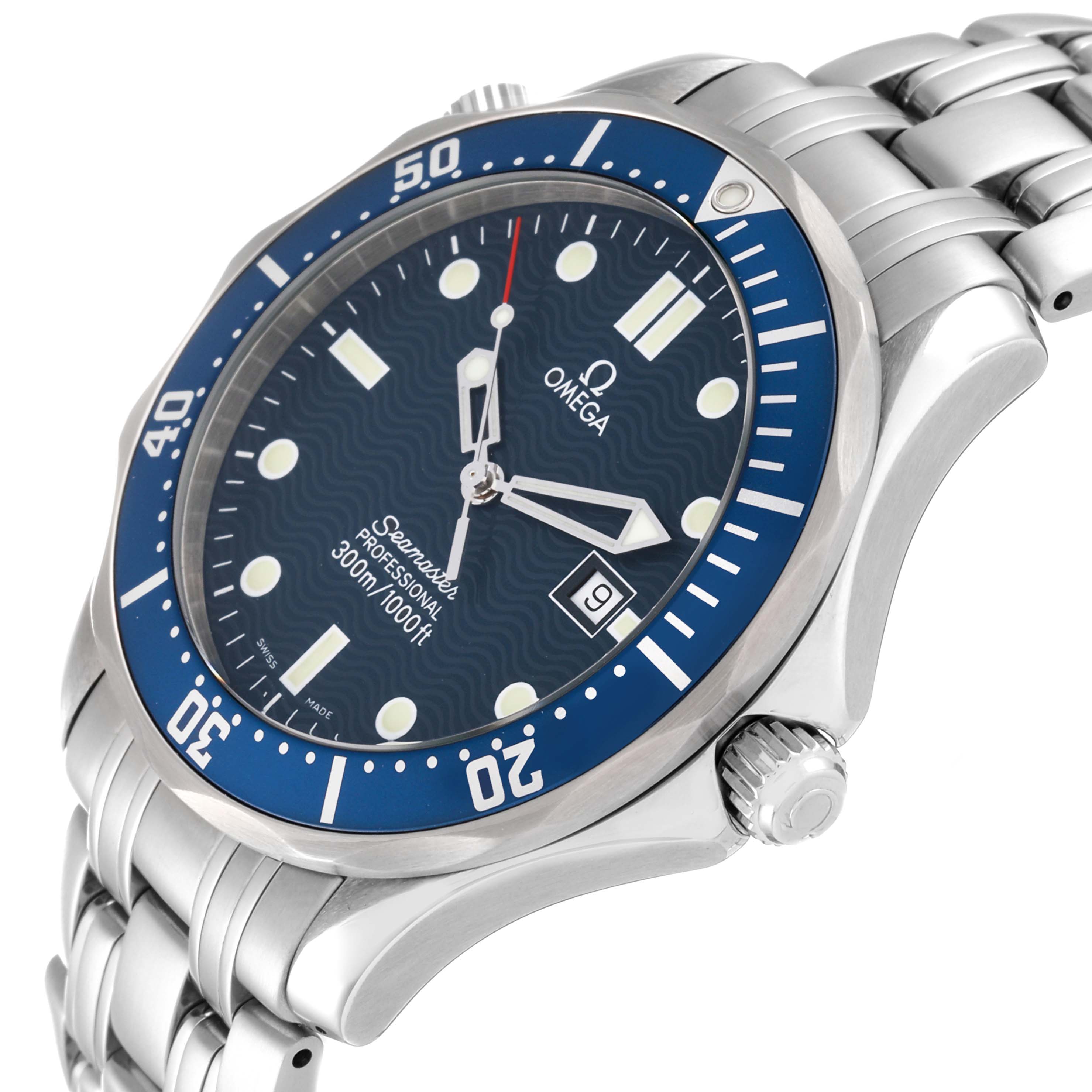 A partial close-up view of the Omega Seamaster 2541.80.00 Men
s Stainless Steel Blue Dial 2541.80.00 Men
s Stainless Steel Blue Dial watch, showing the dial, bezel, crown, and part of the bracelet at an angle.