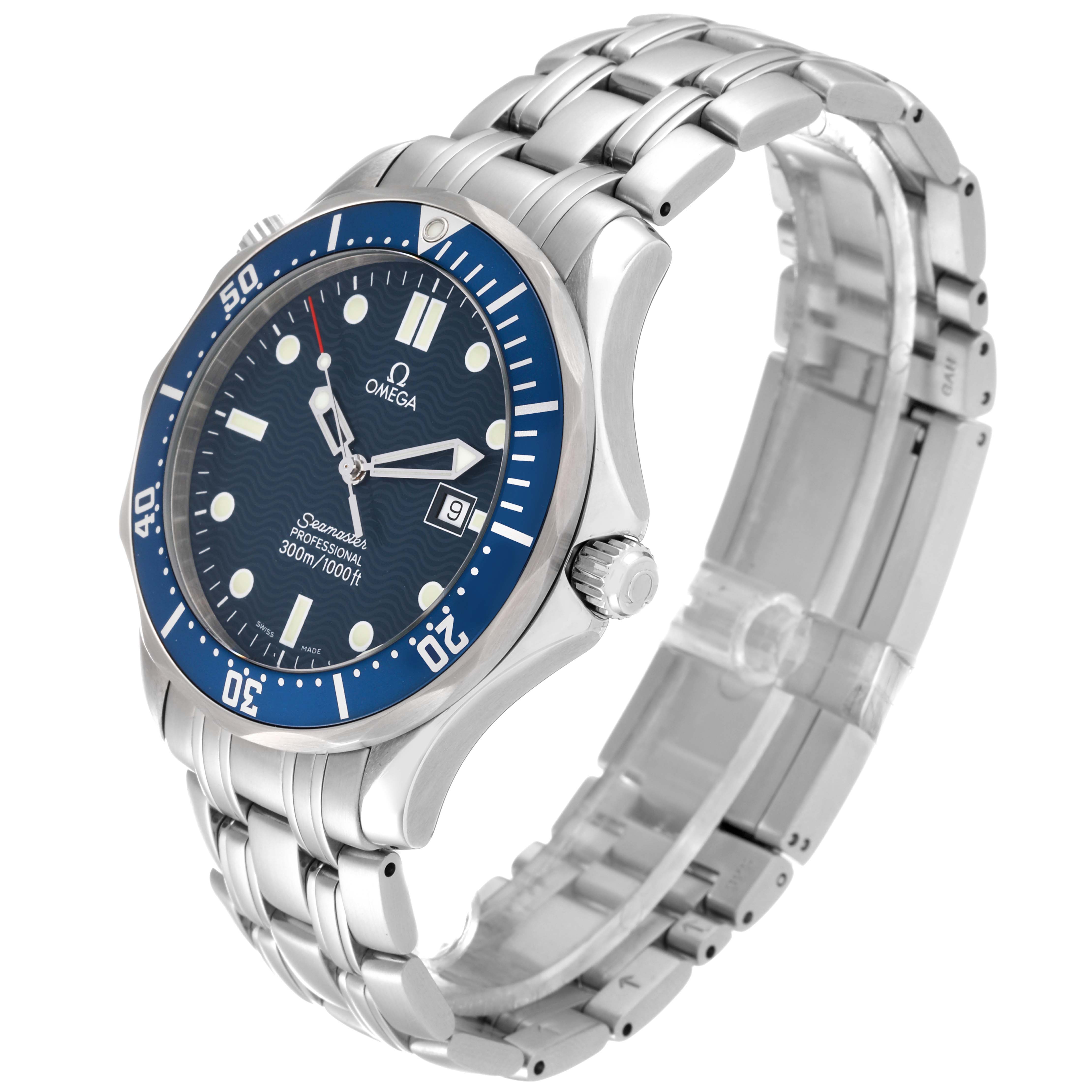 The Omega Seamaster 2541.80.00 Men
s Stainless Steel Blue Dial 2541.80.00 Men
s Stainless Steel Blue Dial watch is shown at an angle displaying the front dial, bezel, crown, bracelet, and clasp.