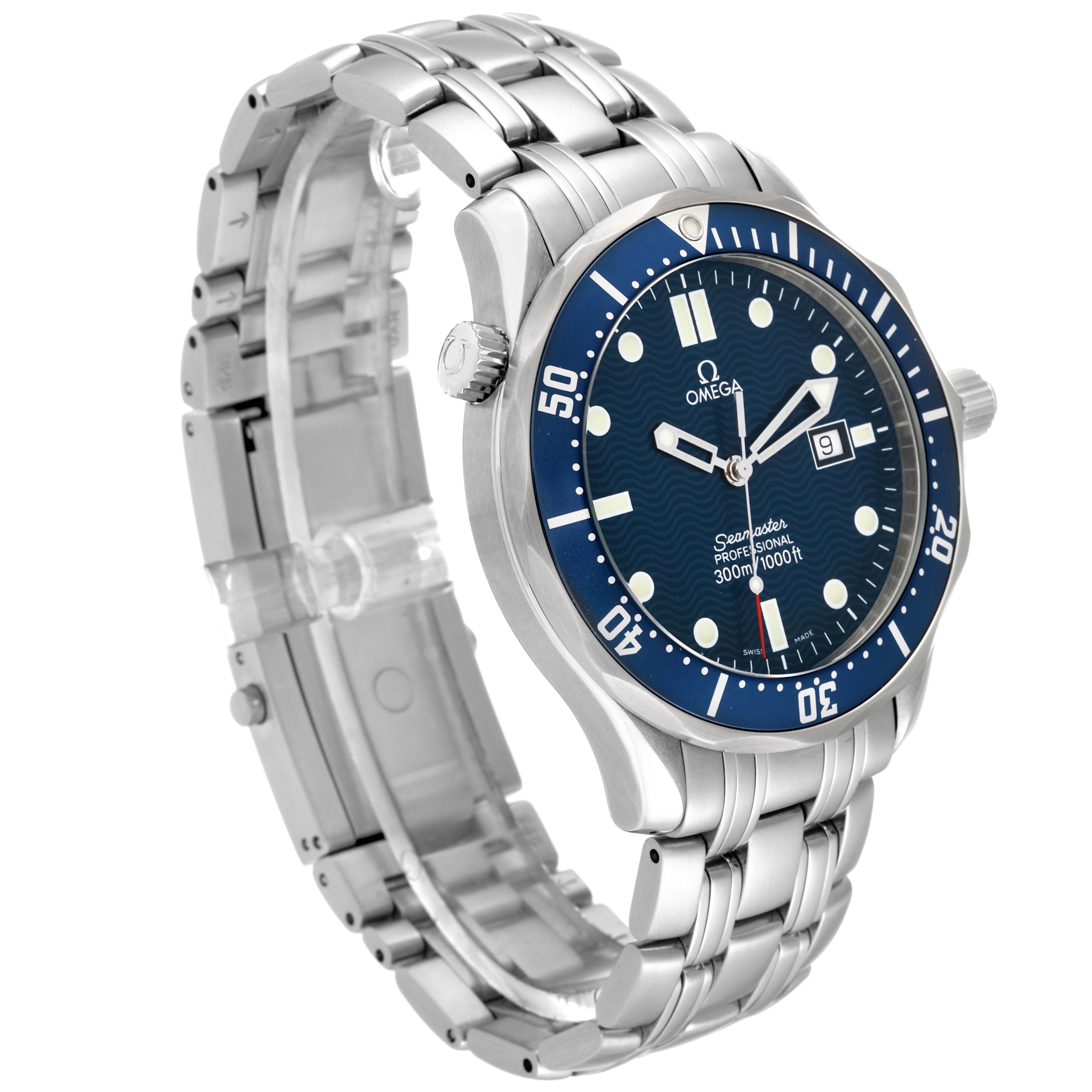 The Omega Seamaster 2541.80.00 Men
s Stainless Steel Blue Dial 2541.80.00 Men
s Stainless Steel Blue Dial watch is shown at an angle displaying the face, bezel, and metal bracelet.