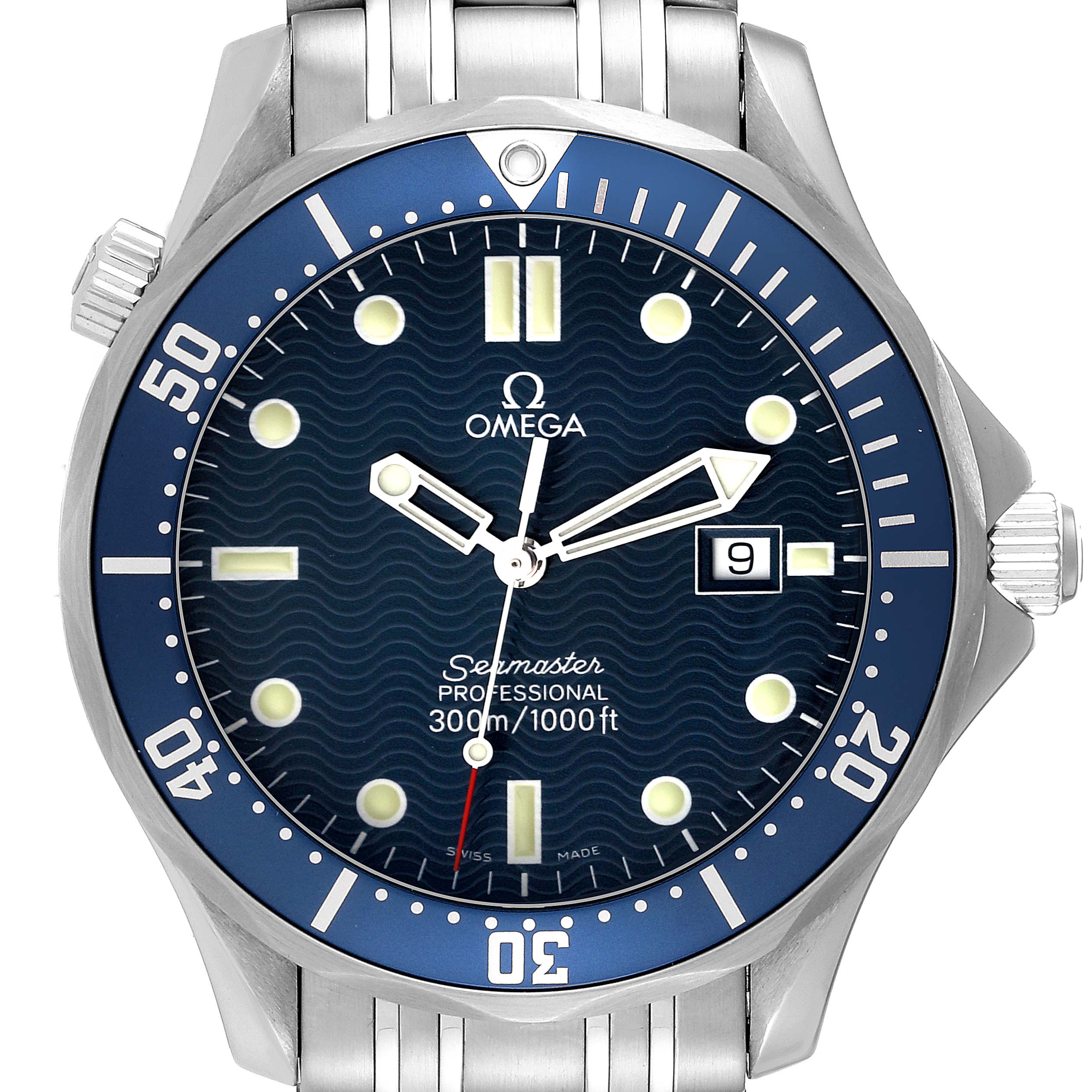 This is a frontal view of the Omega Seamaster 2541.80.00 Men
s Stainless Steel Blue Dial 2541.80.00 Men
s Stainless Steel Blue Dial watch, showing the dial, bezel, and part of the bracelet.