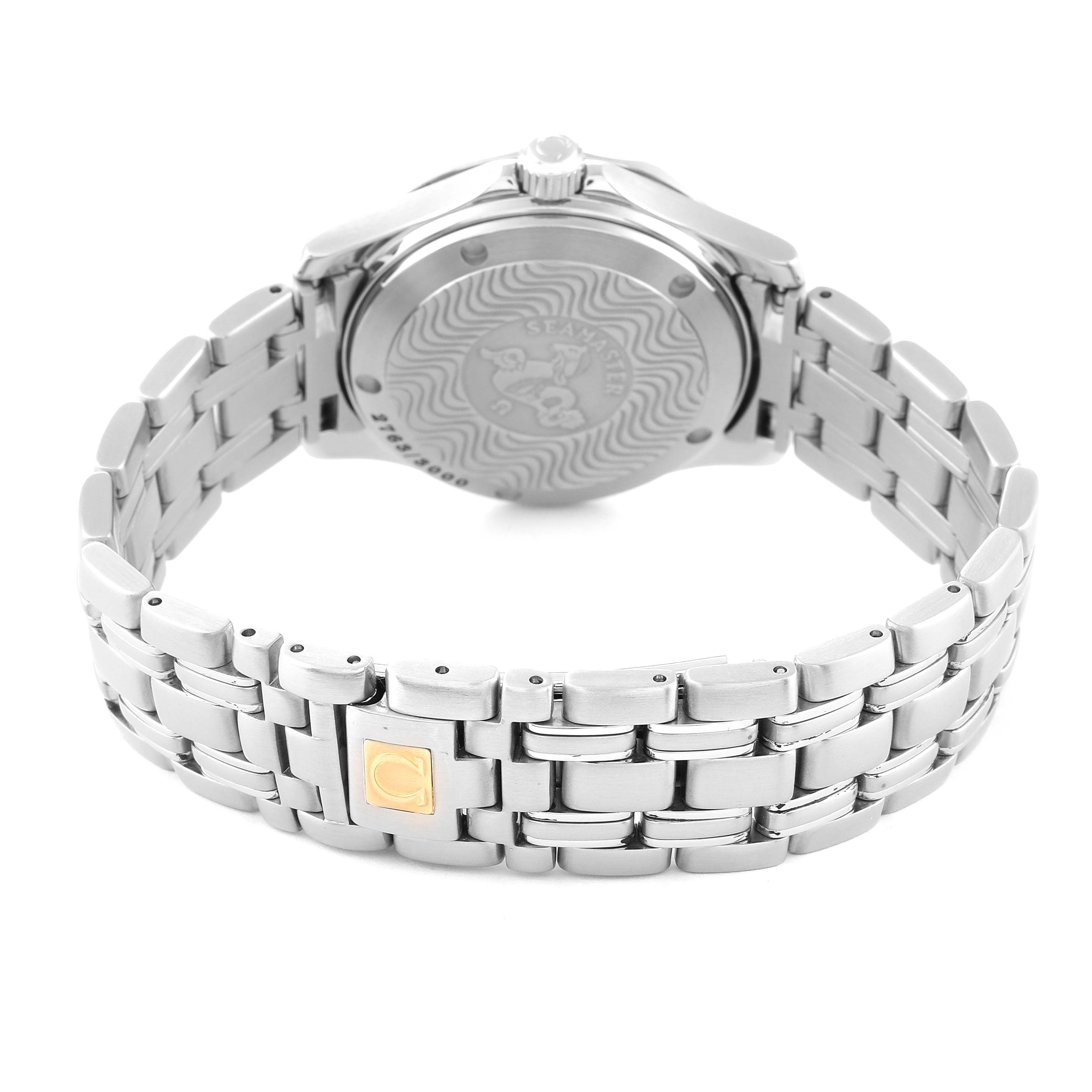 The image shows the back view of an Omega Seamaster 2553.41.00 Men's Stainless Steel Green Dial 2553.41.00 Men's Stainless Steel Green Dial watch, highlighting the caseback and bracelet with clasp.