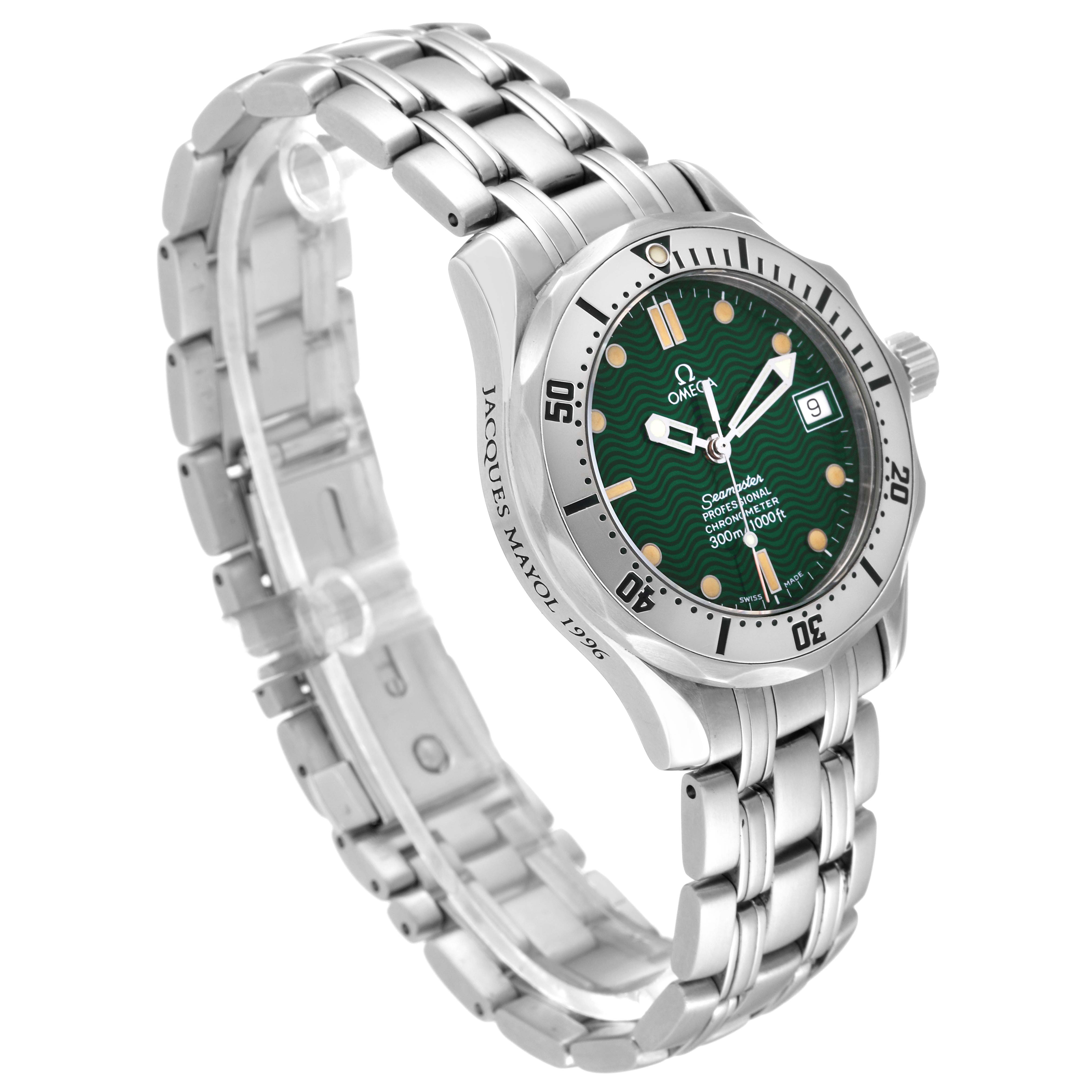 The image shows an Omega Seamaster 2553.41.00 Men's Stainless Steel Green Dial 2553.41.00 Men's Stainless Steel Green Dial watch from a three-quarter angle, highlighting the dial, bezel, and metal bracelet.