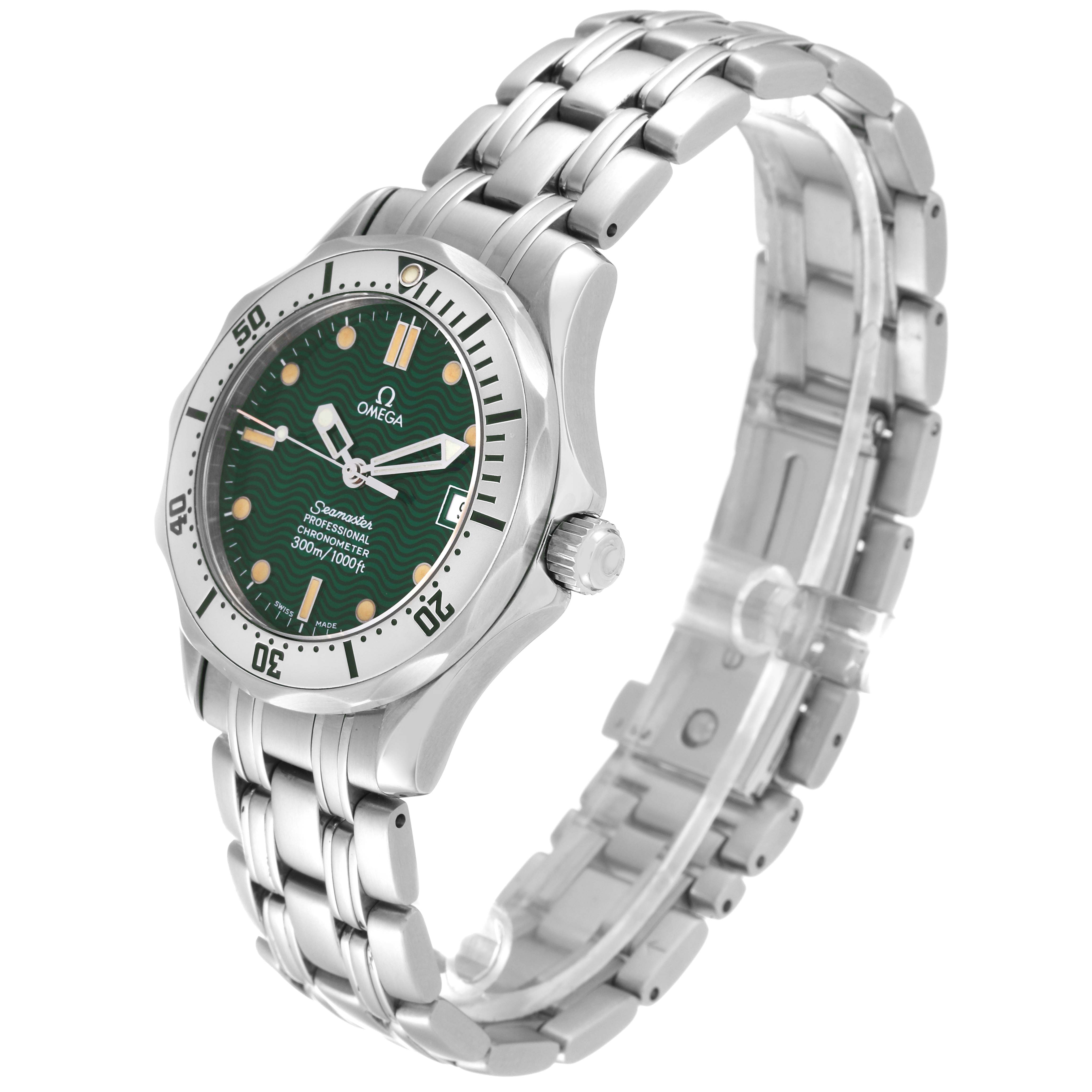 The Omega Seamaster 2553.41.00 Men's Stainless Steel Green Dial 2553.41.00 Men's Stainless Steel Green Dial watch is shown at a slight side angle, displaying the face, bezel, crown, and part of the metal bracelet.