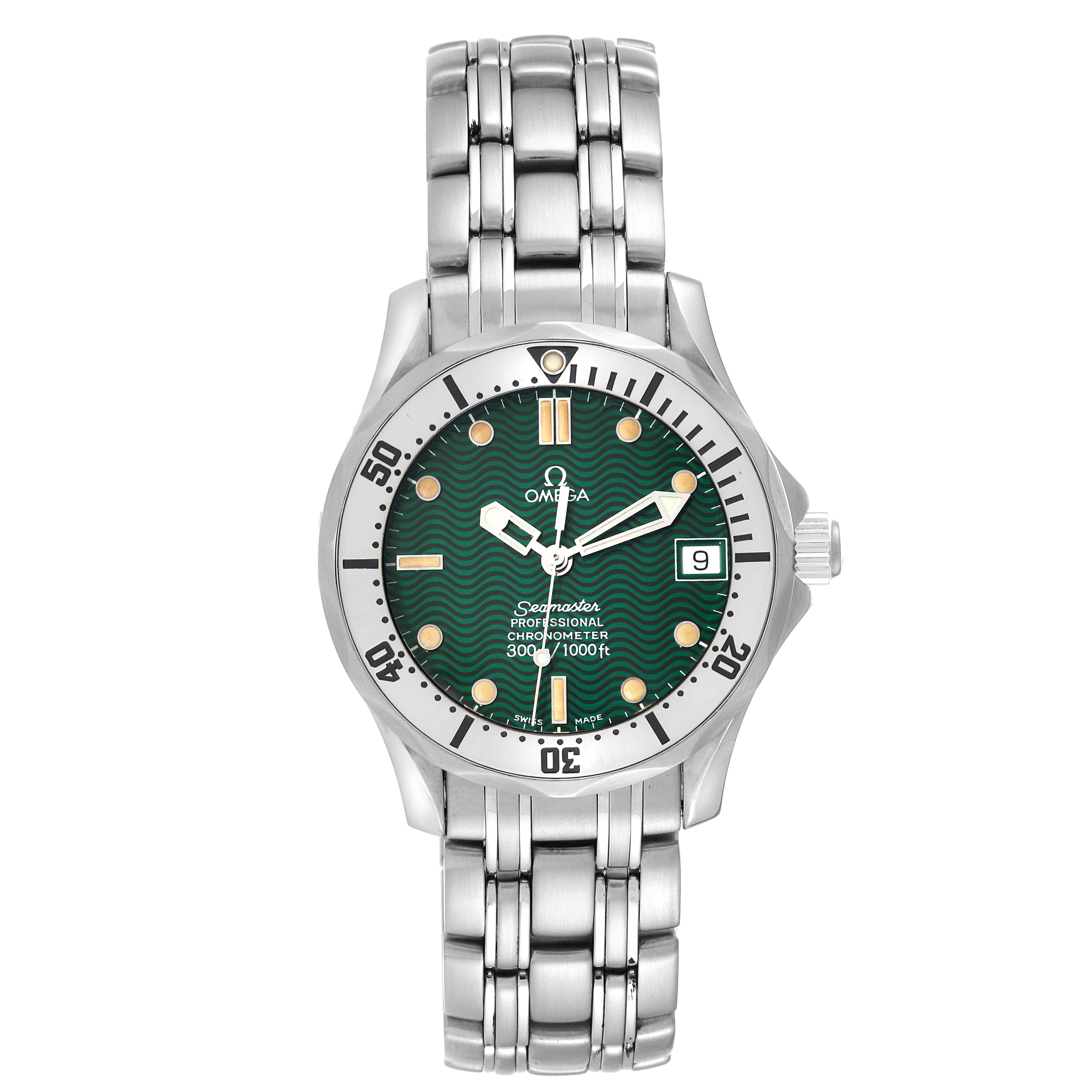The image shows a front view of the Omega Seamaster 2553.41.00 Men's Stainless Steel Green Dial 2553.41.00 Men's Stainless Steel Green Dial watch, highlighting its face, bezel, and metal bracelet.