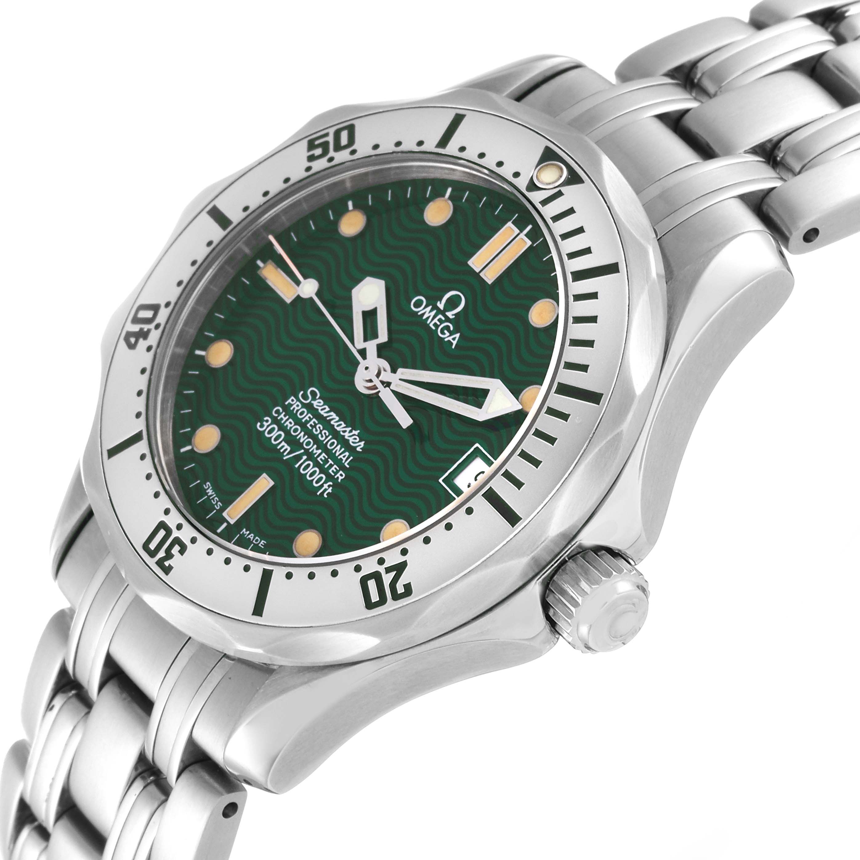 The image shows an angled view of the Omega Seamaster 2553.41.00 Men's Stainless Steel Green Dial 2553.41.00 Men's Stainless Steel Green Dial watch’s face, bezel, crown, and part of the stainless steel bracelet.