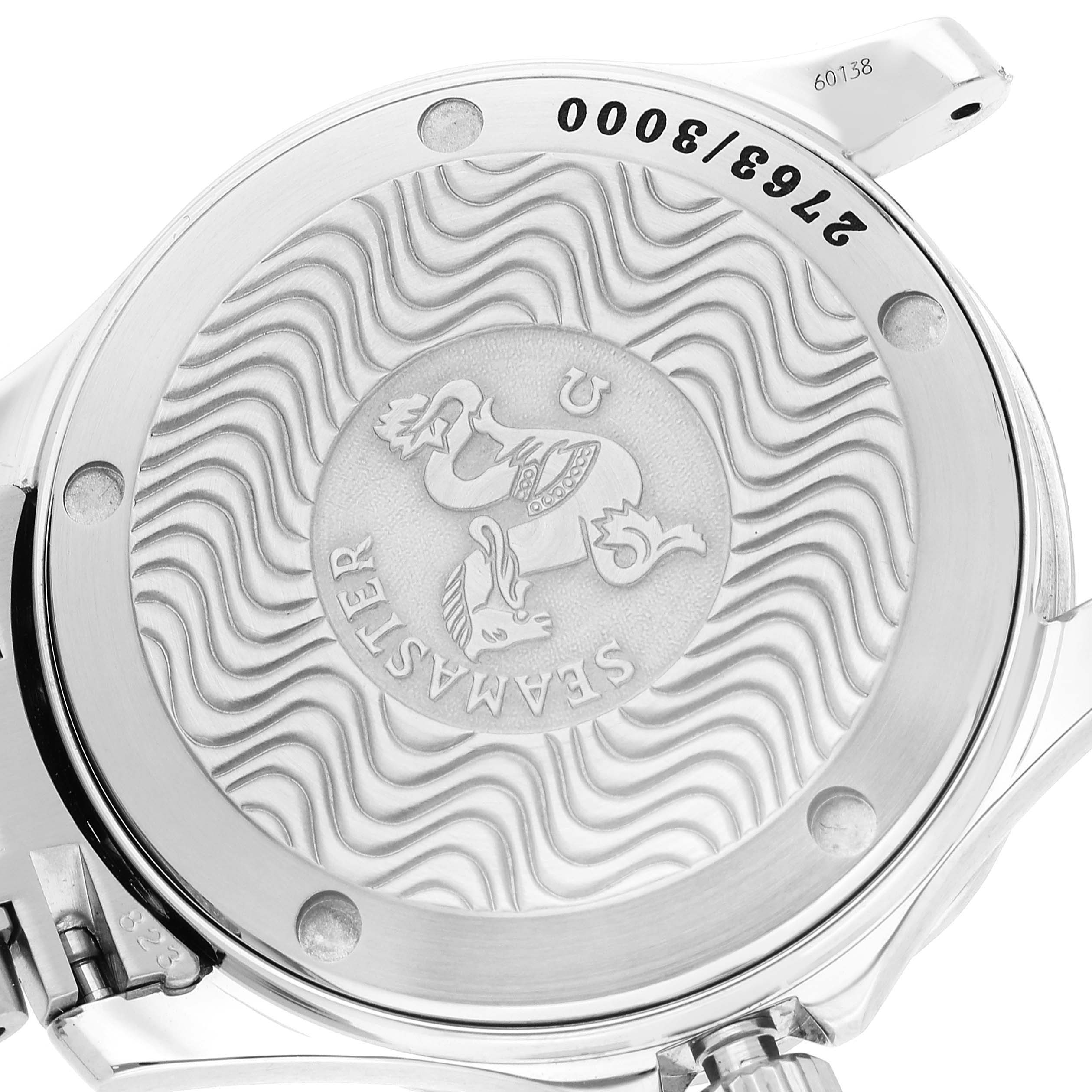 The image shows the case back of an Omega Seamaster 2553.41.00 Men's Stainless Steel Green Dial 2553.41.00 Men's Stainless Steel Green Dial watch, featuring the embossed design and wave pattern.