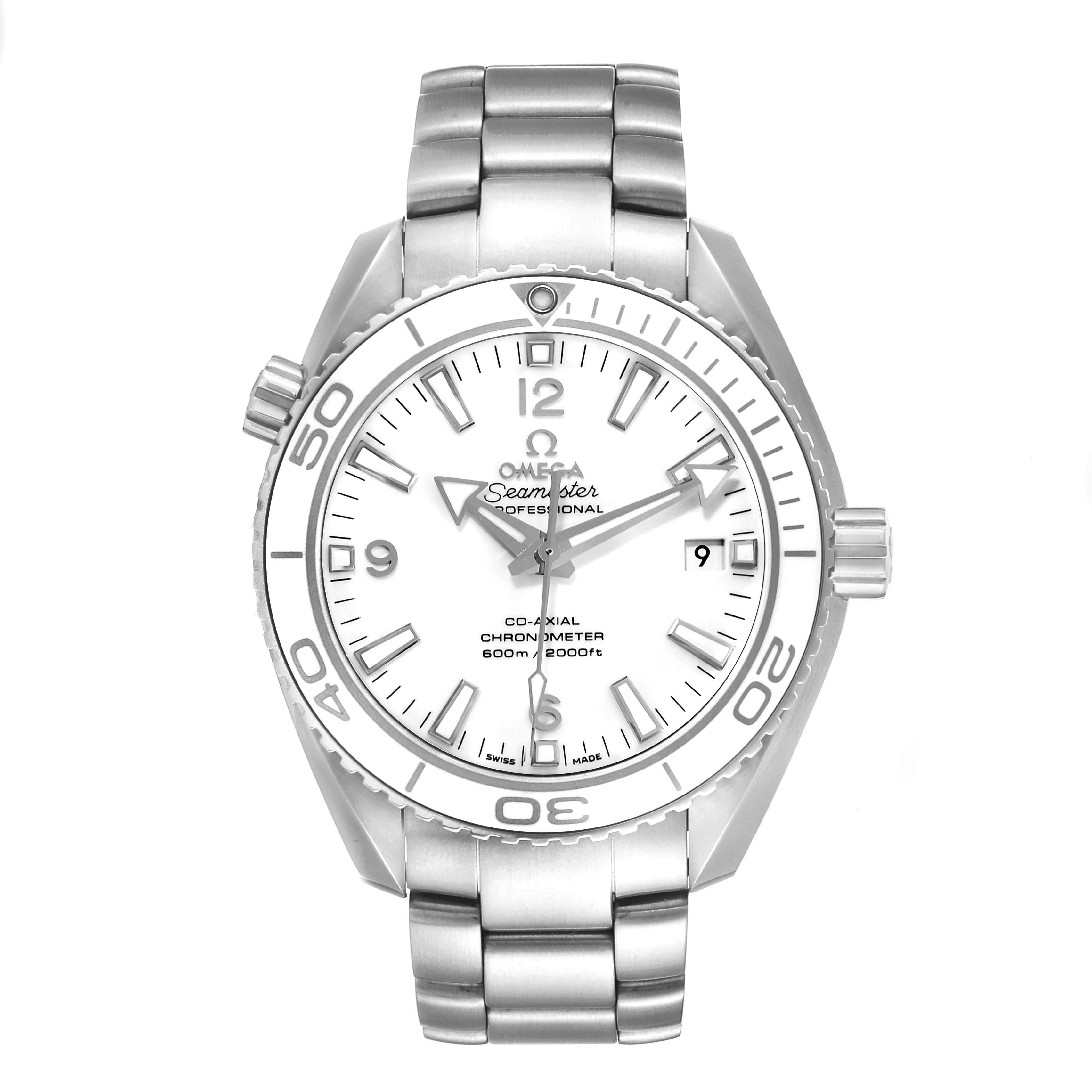 The image shows a front view of an Omega Planet Ocean 232.30.42.21.04.001 Men's Stainless Steel White Dial 232.30.42.21.04.001 Men's Stainless Steel White Dial watch, displaying the dial, hands, bezel, and bracelet.