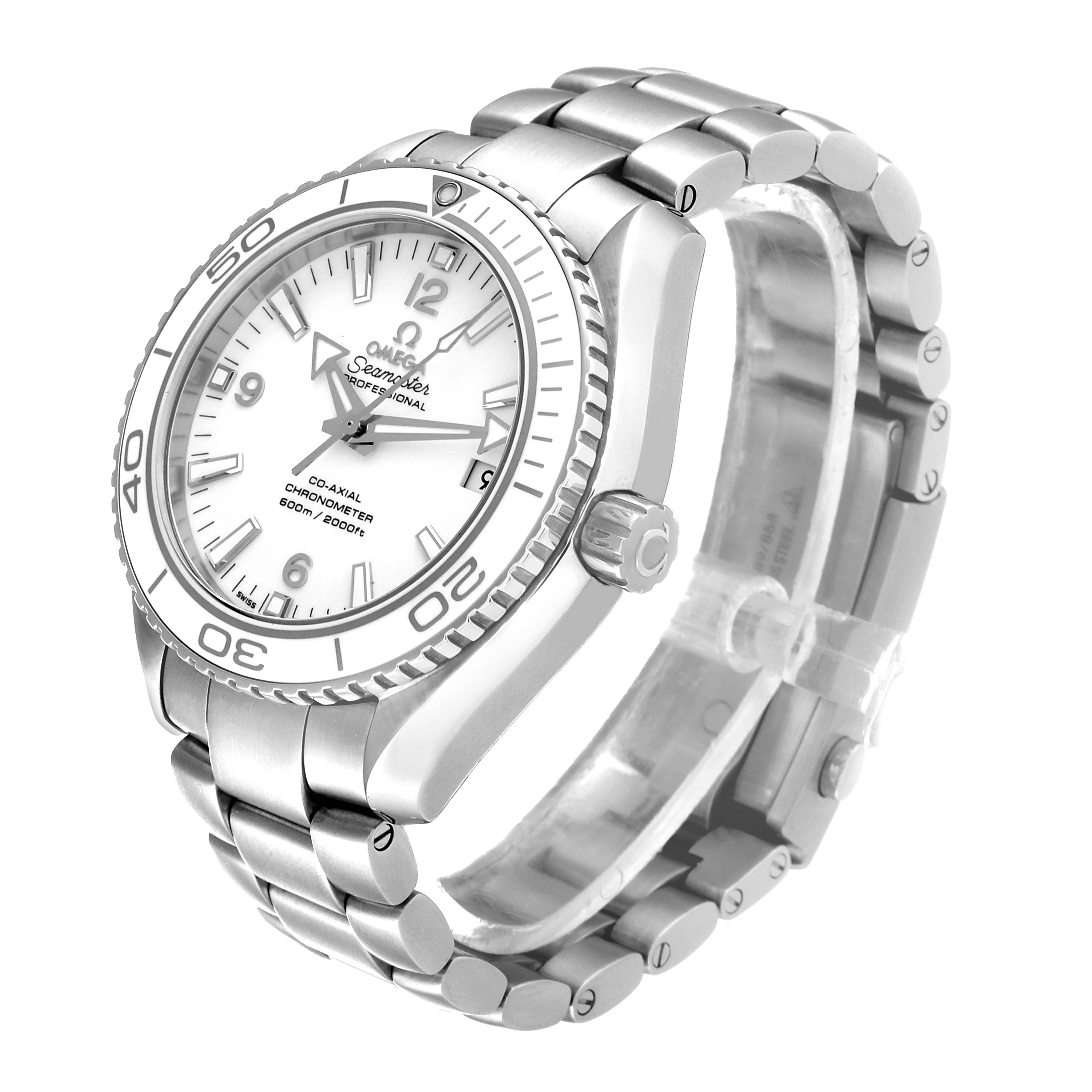 The Omega Planet Ocean 232.30.42.21.04.001 Men's Stainless Steel White Dial 232.30.42.21.04.001 Men's Stainless Steel White Dial watch is shown at a side angle, displaying the bezel, dial, bracelet, and crown.