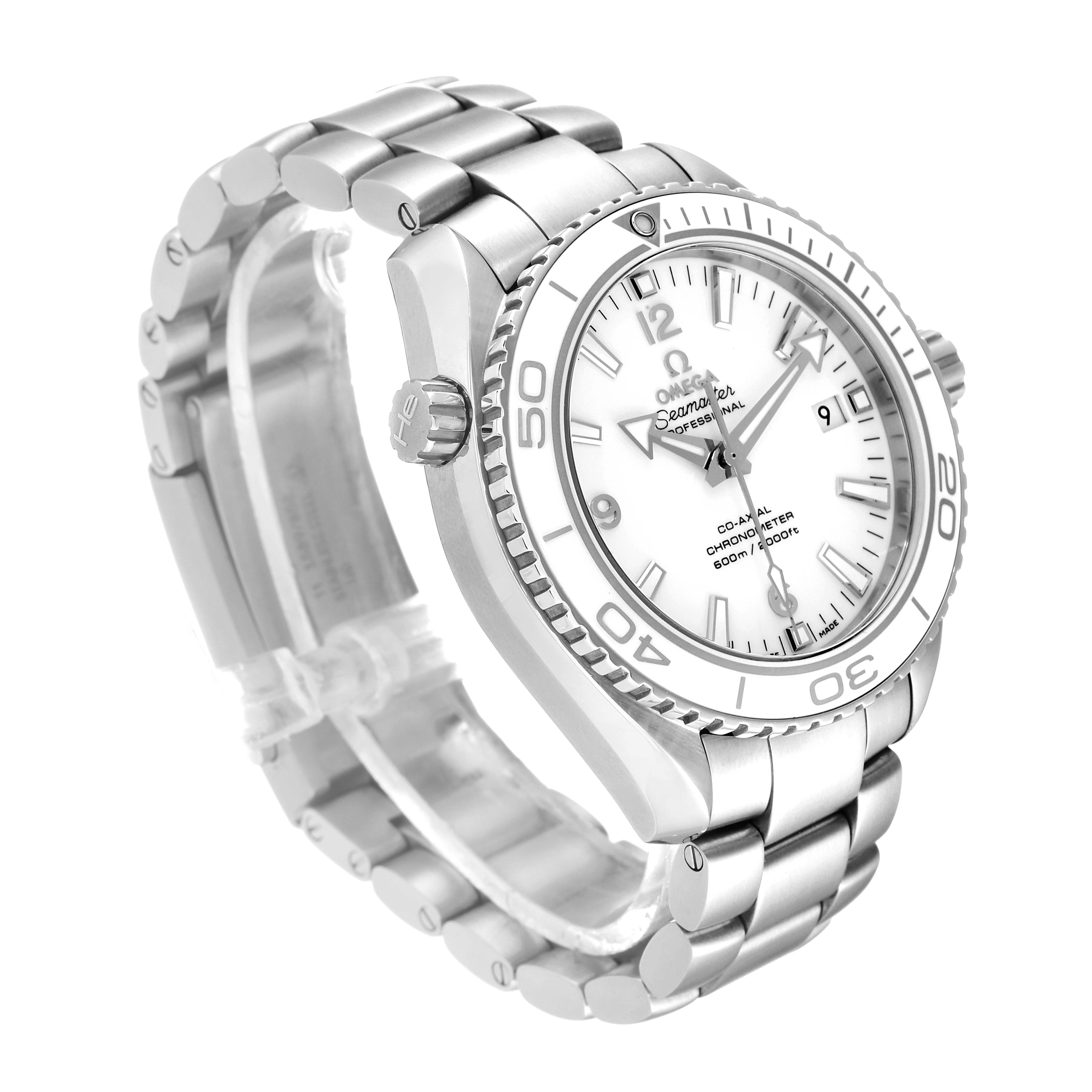 The image shows the Omega Planet Ocean 232.30.42.21.04.001 Men's Stainless Steel White Dial 232.30.42.21.04.001 Men's Stainless Steel White Dial watch at an angle displaying its face, bezel, crown, and part of its metal bracelet.