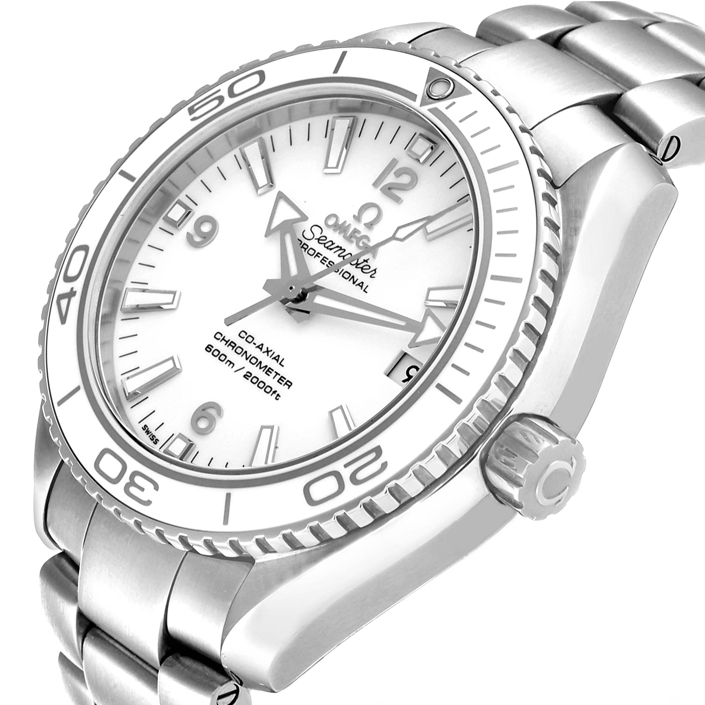 This image shows the Omega Planet Ocean 232.30.42.21.04.001 Men's Stainless Steel White Dial 232.30.42.21.04.001 Men's Stainless Steel White Dial watch from a top-front angle, highlighting the face, bezel, and part of the metal bracelet.