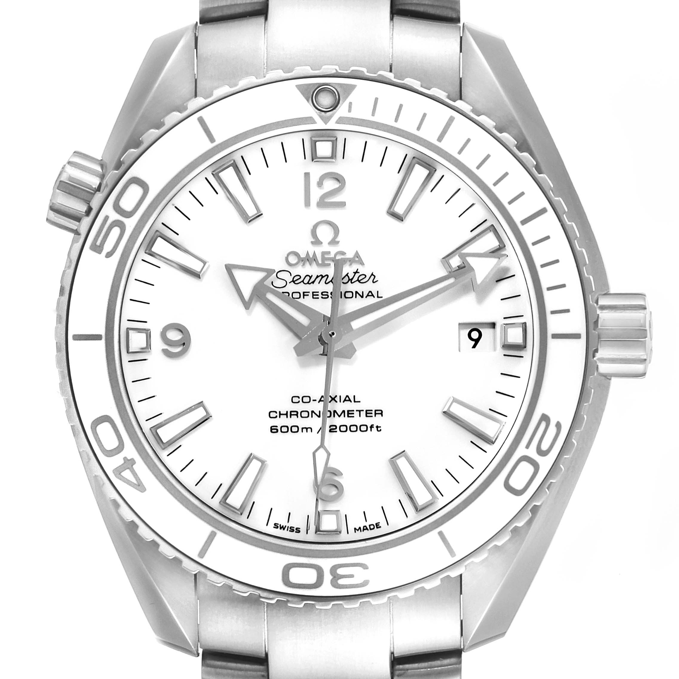The image shows a close-up, front view of the Omega Seamaster Planet Ocean watch, highlighting the dial, hands, and bezel.