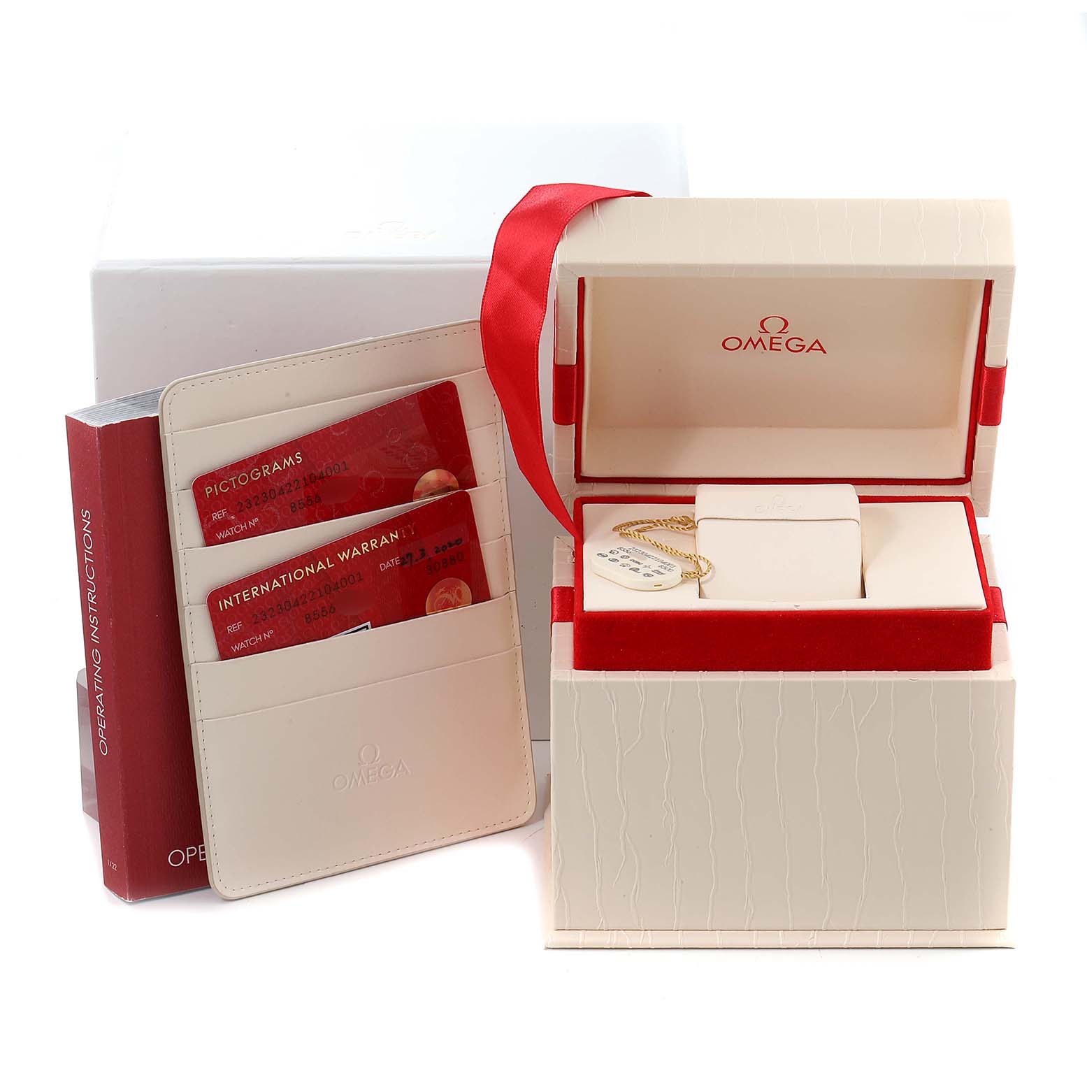 The image shows the packaging, warranty cards, and instruction booklet for the Omega Planet Ocean 232.30.42.21.04.001 Men's Stainless Steel White Dial 232.30.42.21.04.001 Men's Stainless Steel White Dial model watch.