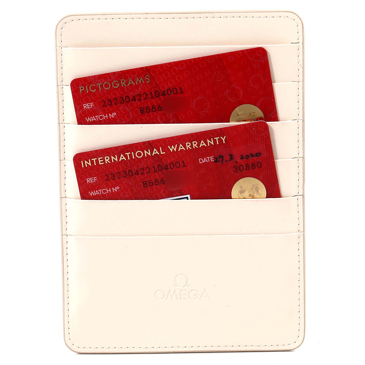 The image shows an Omega cardholder containing Pictograms and International Warranty cards for the Omega Planet Ocean 232.30.42.21.04.001 Men's Stainless Steel White Dial 232.30.42.21.04.001 Men's Stainless Steel White Dial model.