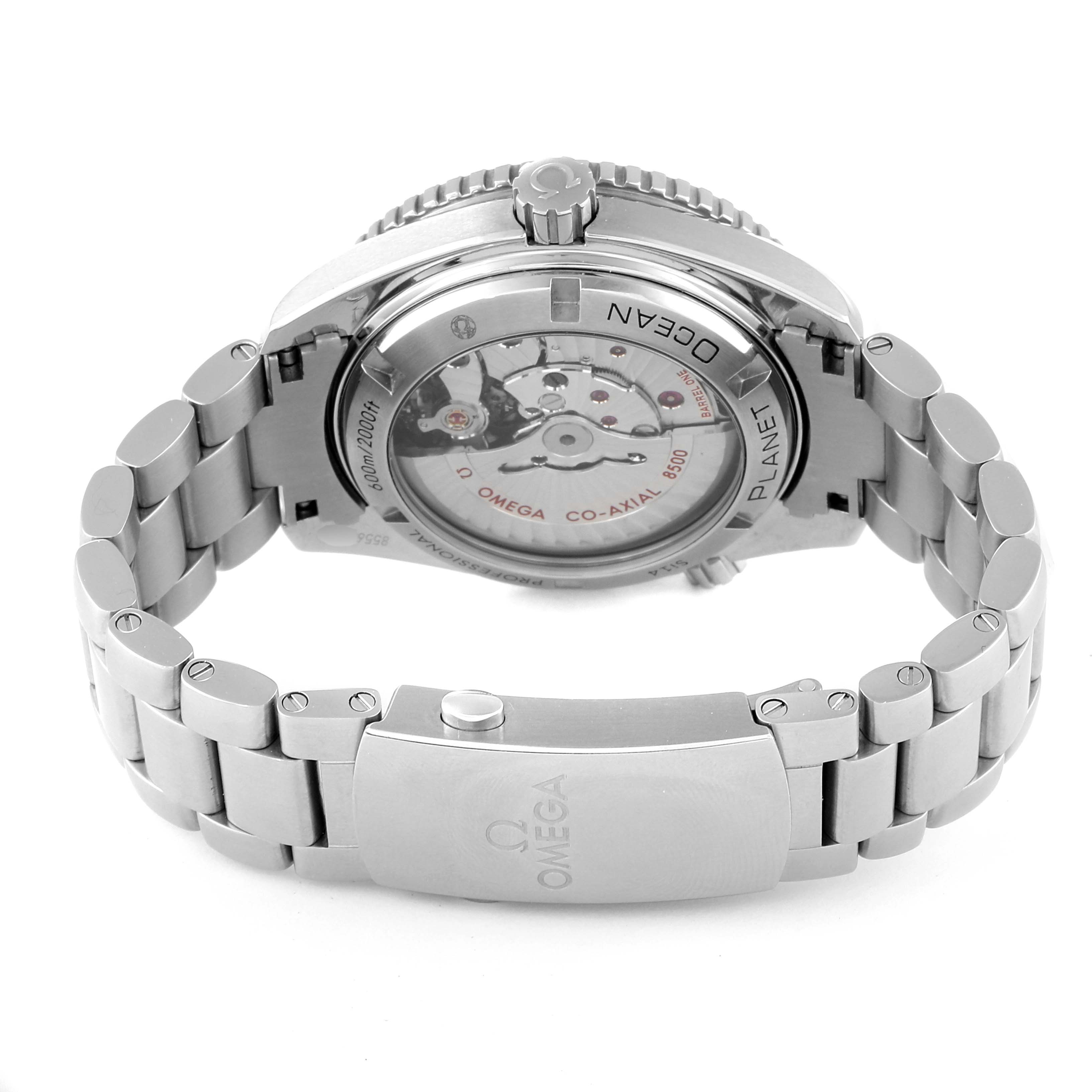 The image shows the back view of an Omega Planet Ocean 232.30.42.21.04.001 Men's Stainless Steel White Dial 232.30.42.21.04.001 Men's Stainless Steel White Dial watch, highlighting its open case back and stainless steel bracelet.