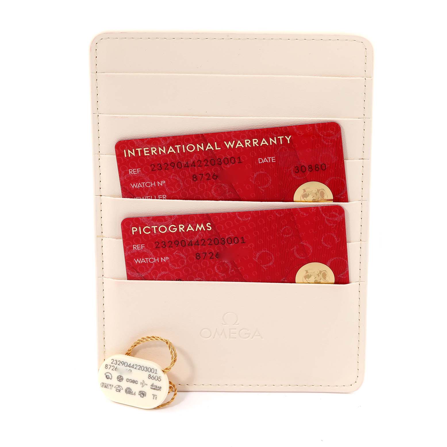 The image shows the international warranty and pictogram cards along with the tag for the Omega Planet Ocean 232.90.44.22.03.001 Men
s Titanium Blue Dial 232.90.44.22.03.001 Men
s Titanium Blue Dial model, displayed in a cardholder.