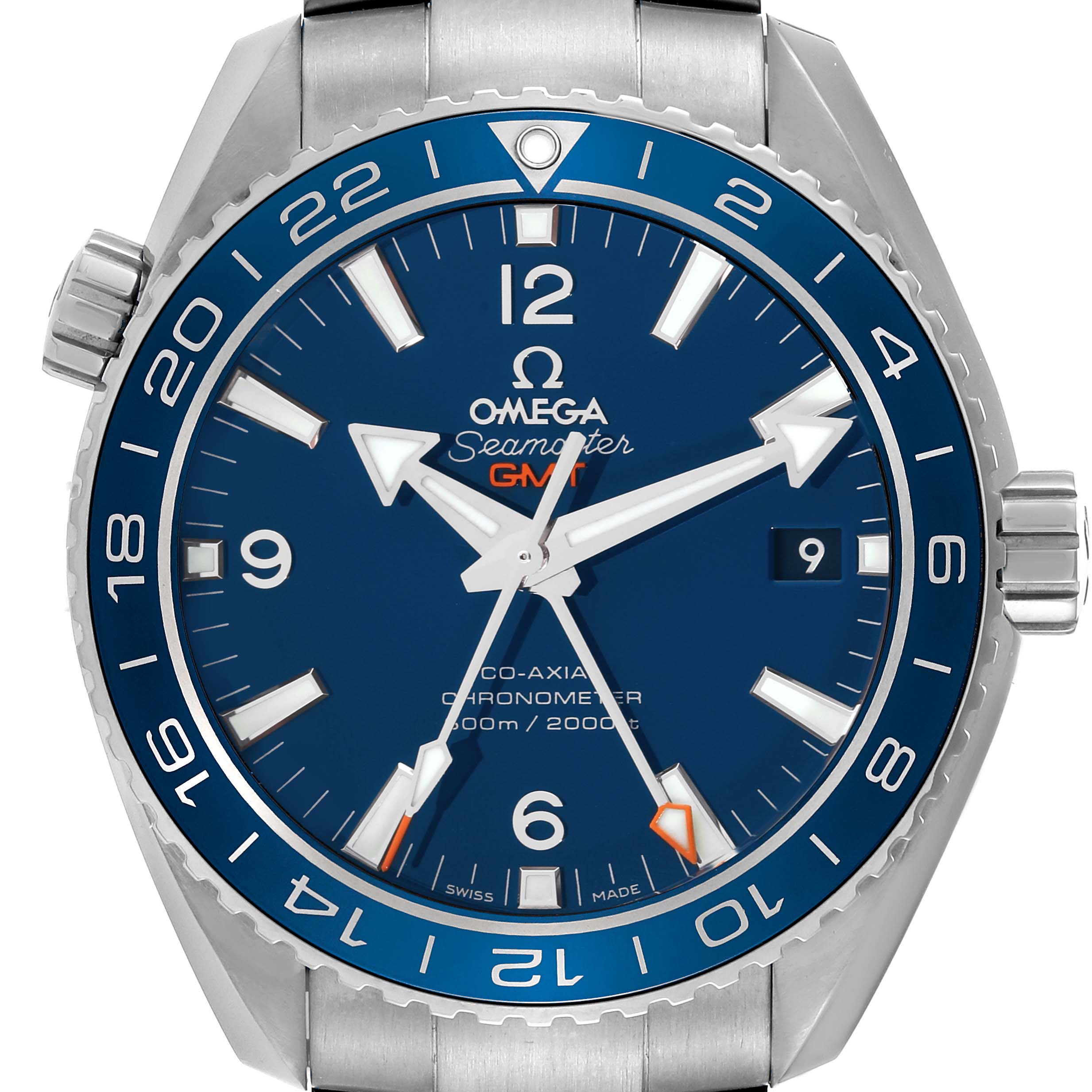 This image shows a close-up of the Omega Planet Ocean 232.90.44.22.03.001 Men
s Titanium Blue Dial 232.90.44.22.03.001 Men
s Titanium Blue Dial Seamaster GMT watch face, including the bezel, crown, and part of the bracelet.