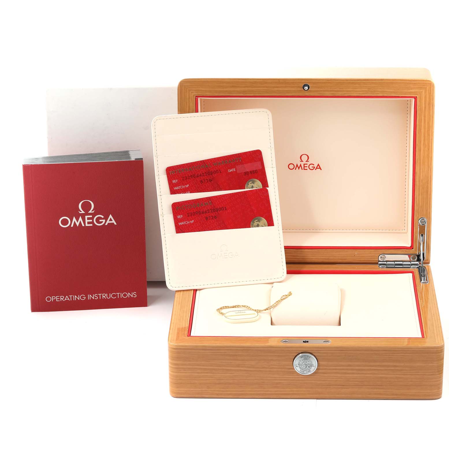 The image shows the box, warranty cards, operating instructions, and holder for the Omega Planet Ocean 232.90.44.22.03.001 Men
s Titanium Blue Dial 232.90.44.22.03.001 Men
s Titanium Blue Dial model.