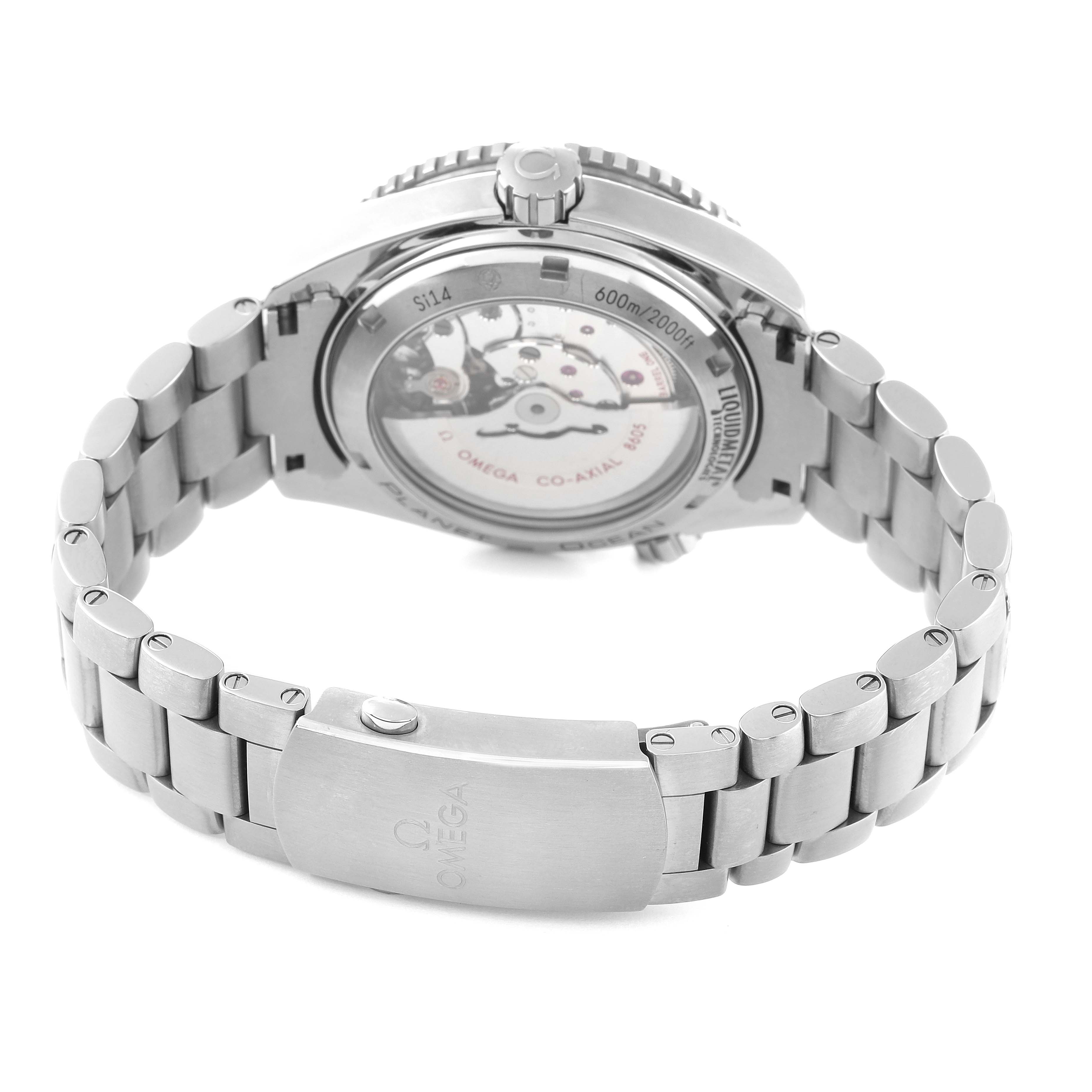 The image shows the back view of the Omega Planet Ocean 232.90.44.22.03.001 Men
s Titanium Blue Dial 232.90.44.22.03.001 Men
s Titanium Blue Dial watch, highlighting its clasp, bracelet, and transparent case back.