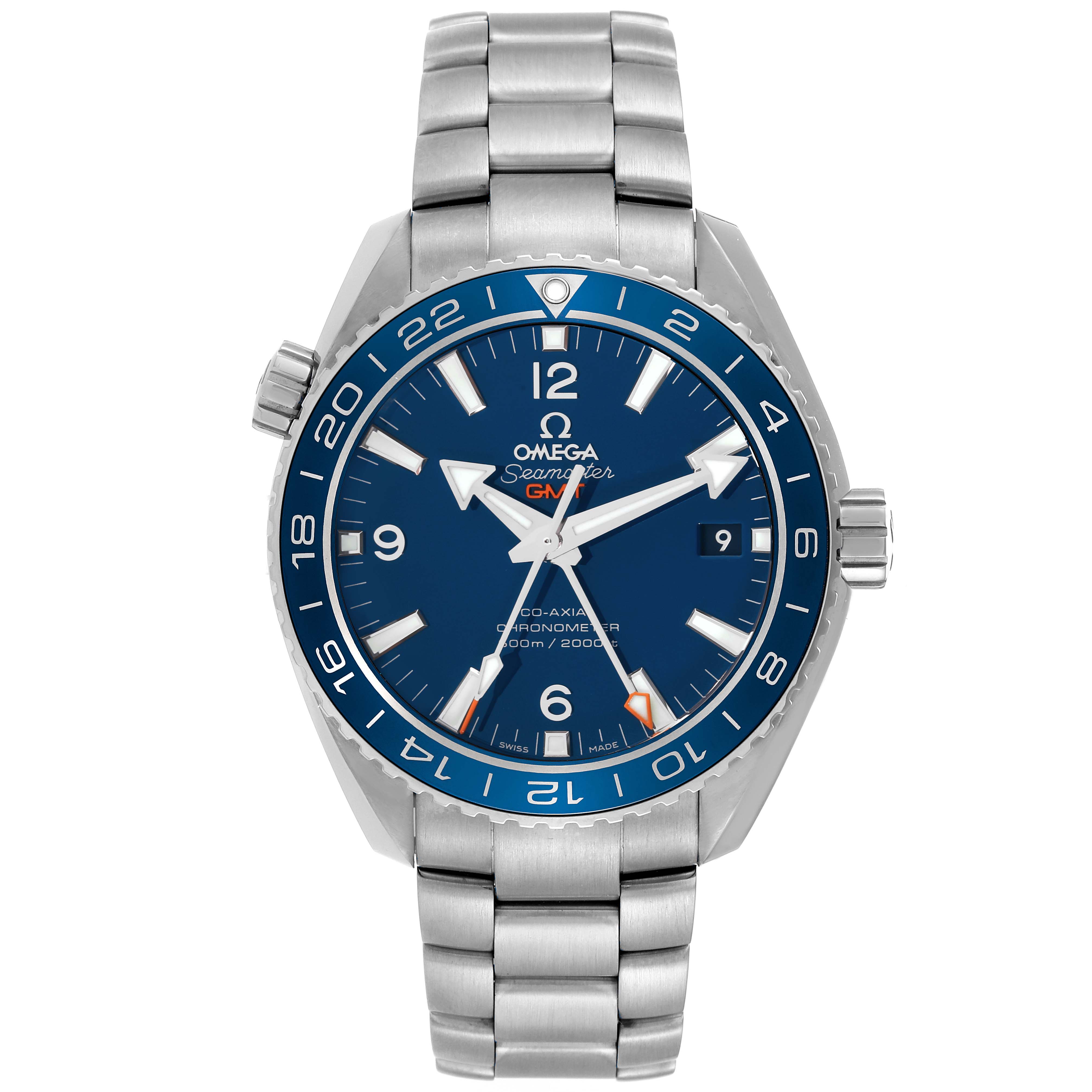 The Omega Planet Ocean 232.90.44.22.03.001 Men
s Titanium Blue Dial 232.90.44.22.03.001 Men
s Titanium Blue Dial watch is shown from a head-on angle, displaying the face, bezel, crown, and bracelet.